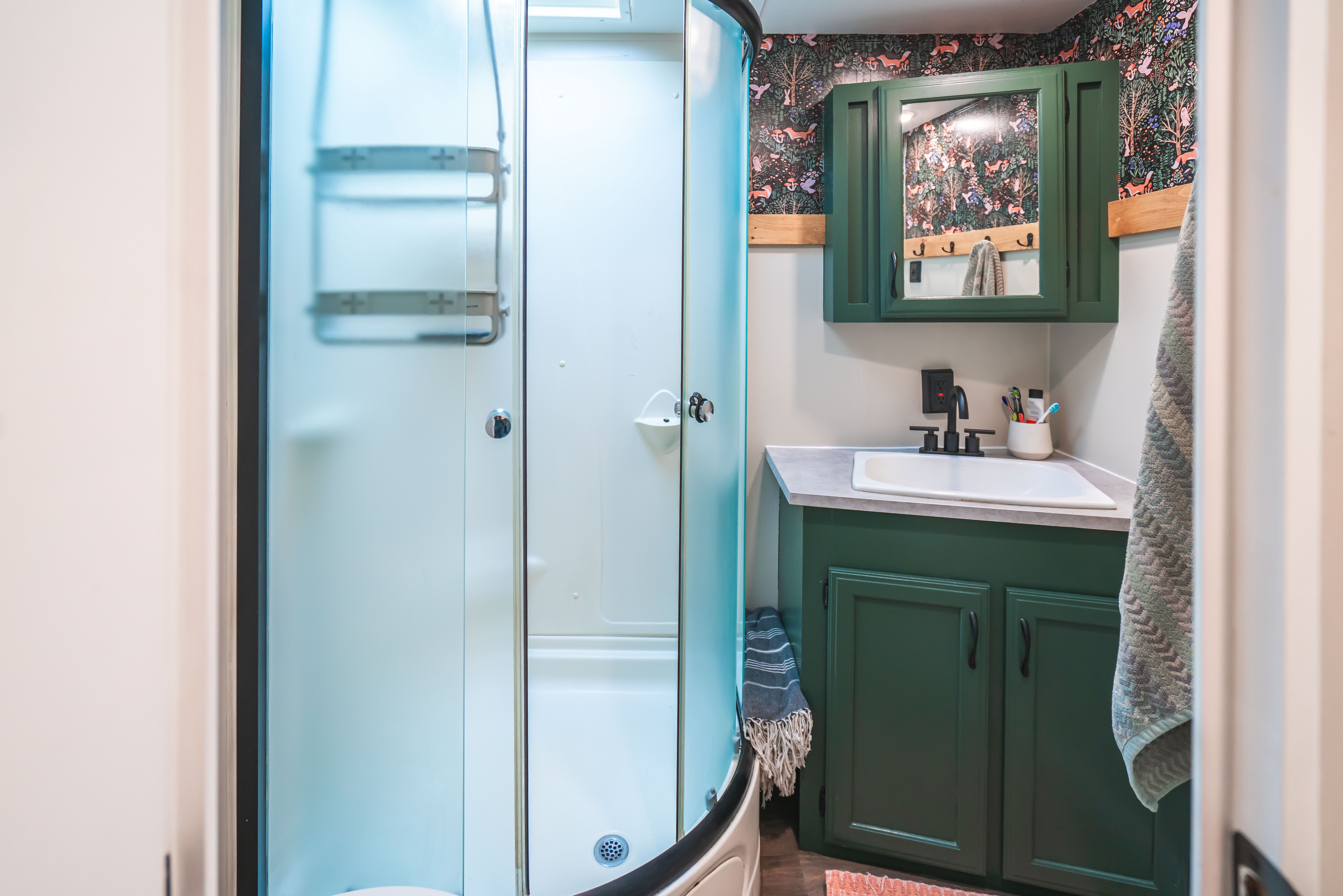 The bathroom inside Renee Tilby's Jayco Jay Flight travel trailer.