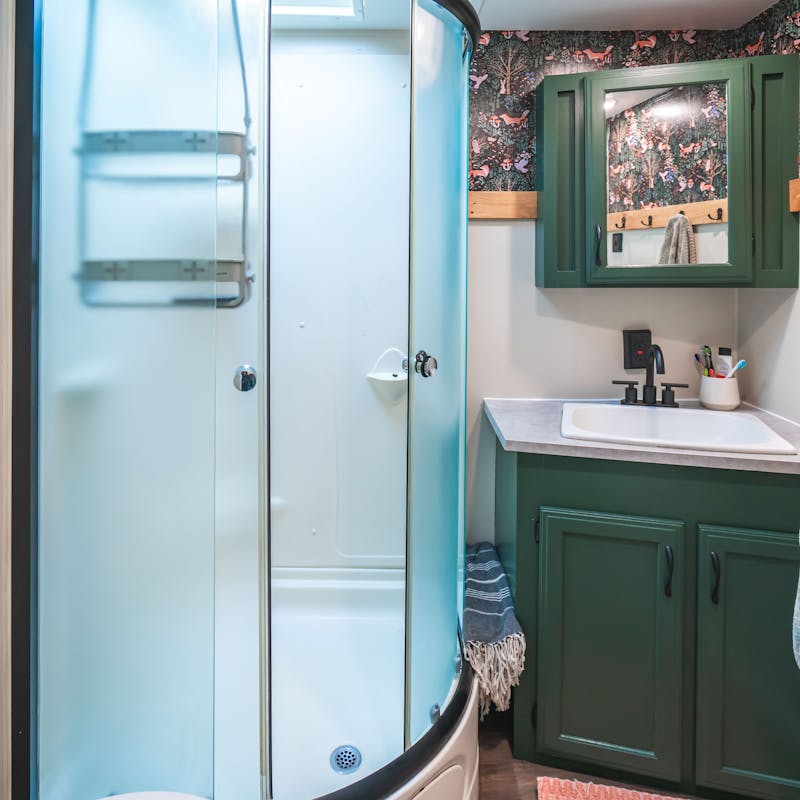 The bathroom inside Renee Tilby's Jayco Jay Flight travel trailer.