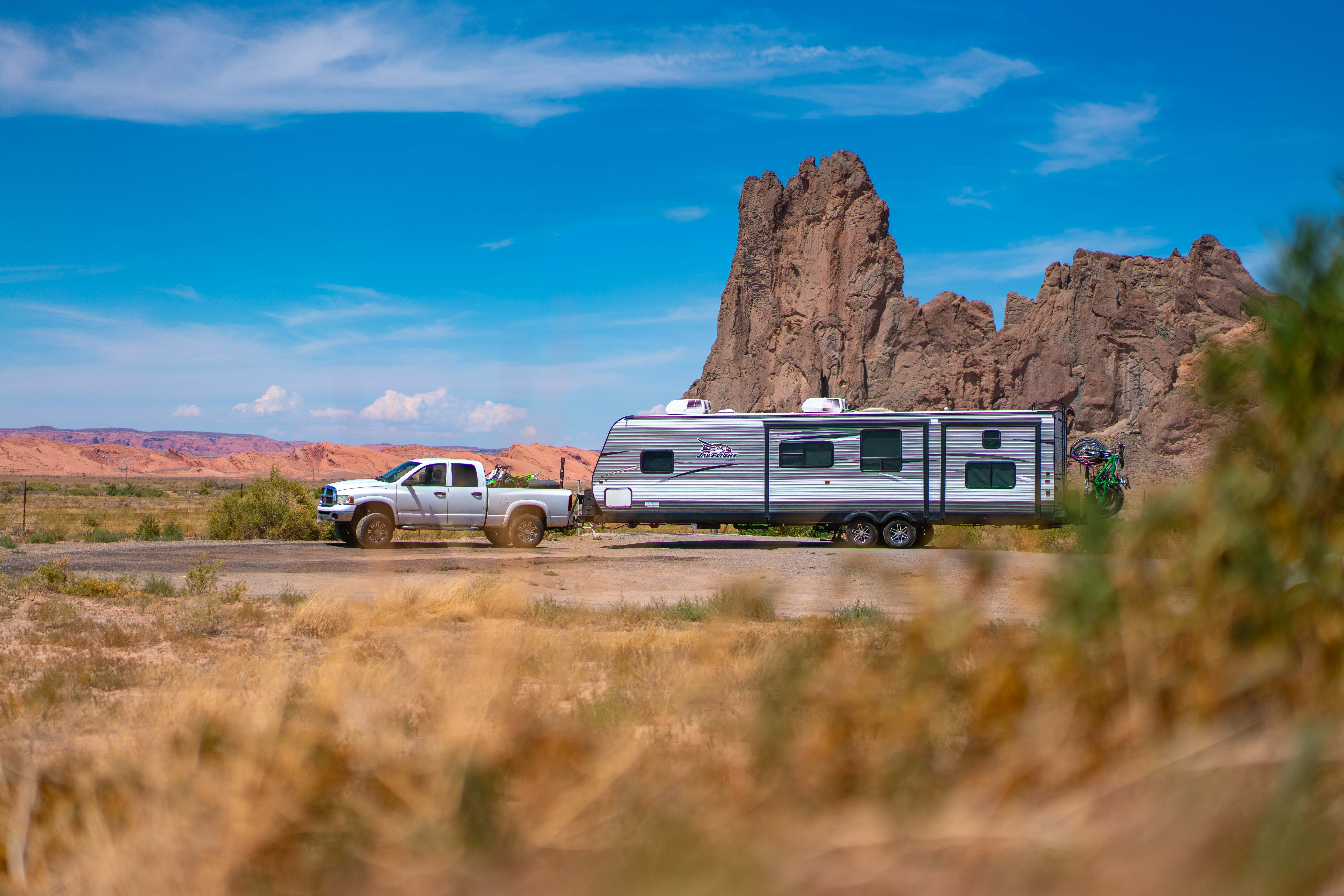 Renee Tilby's Jayco Jay Flight travel trailer in the desert.