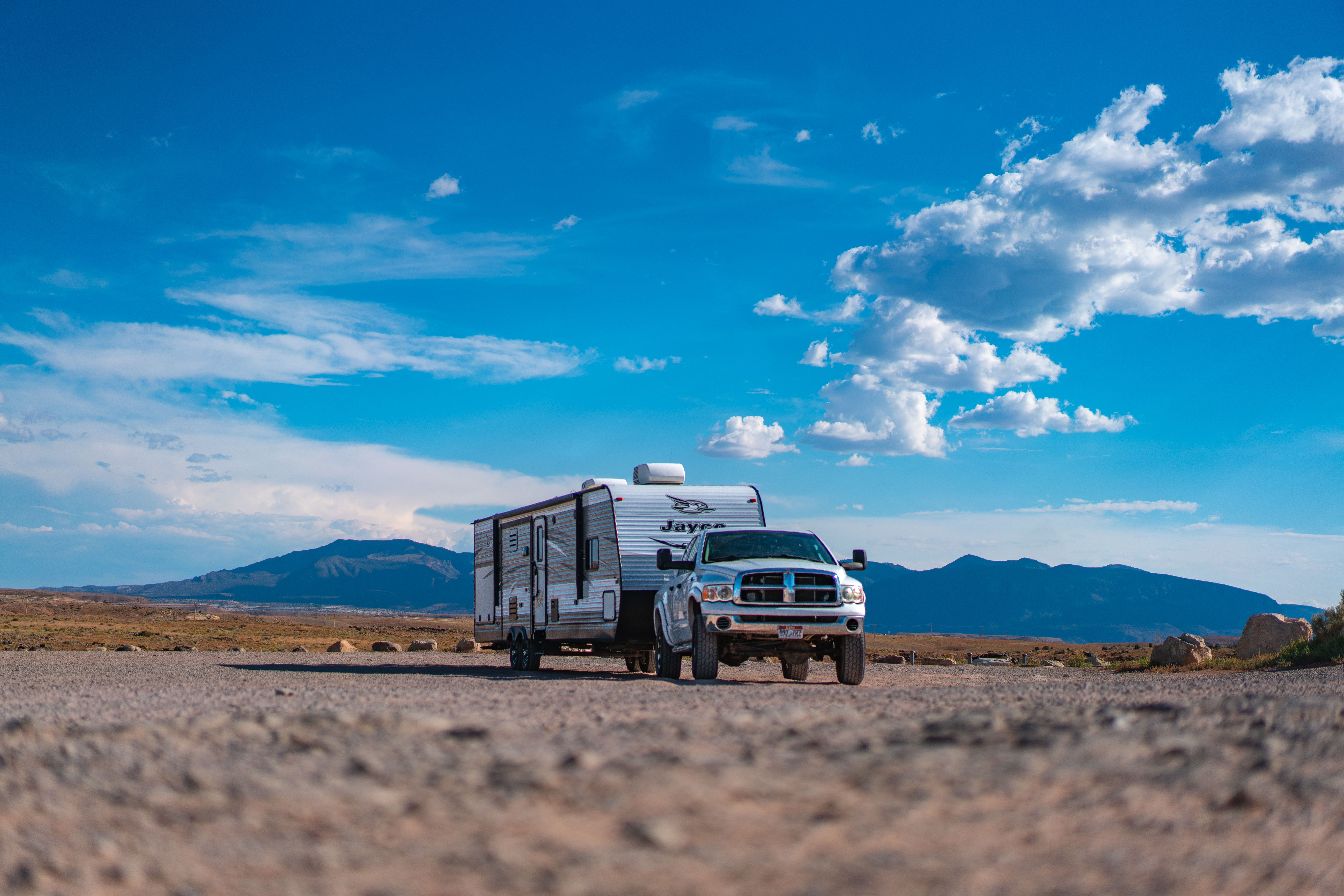 Renee Tilby's Jayco Jay Flight travel trailer being towed by a truck.