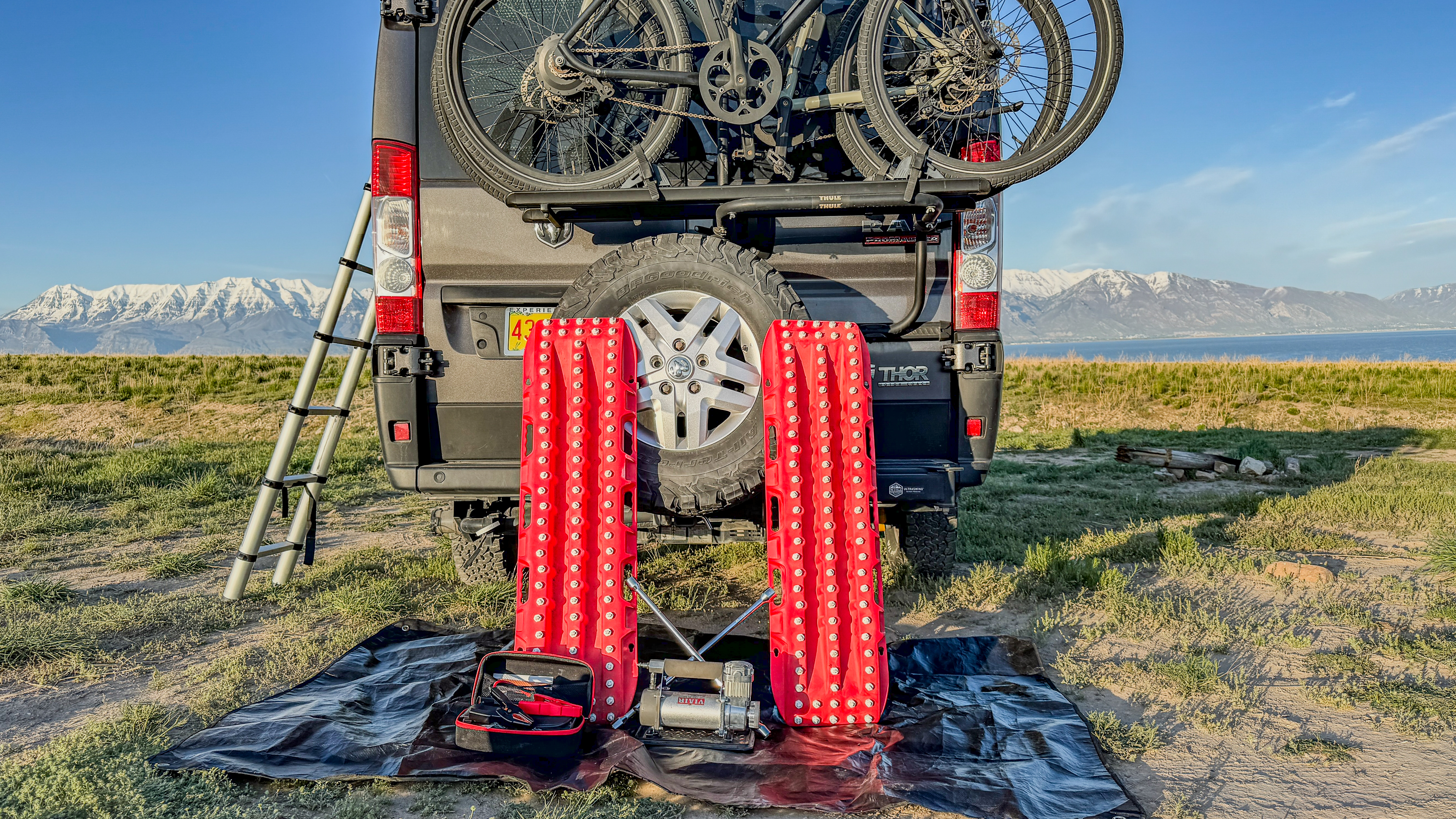 Gabe and Rocio Rivero's emergency road-side kit next to their Thor Motor Coach Sequence.
