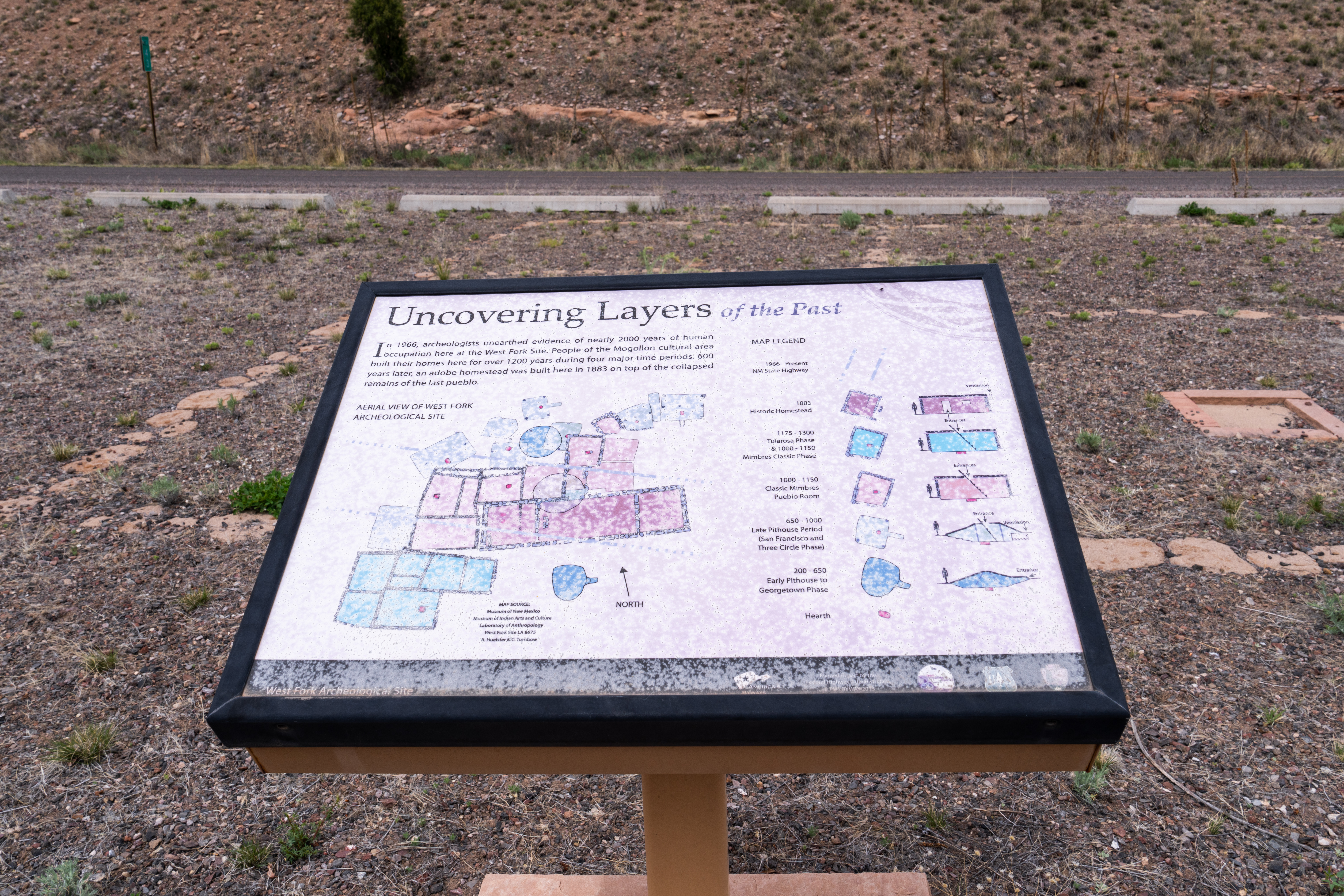 An interpretive sign of the West Fork archaeological site.