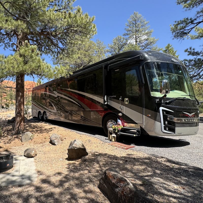 A Class A Entegra Vision motorhome is parked at a campsite.