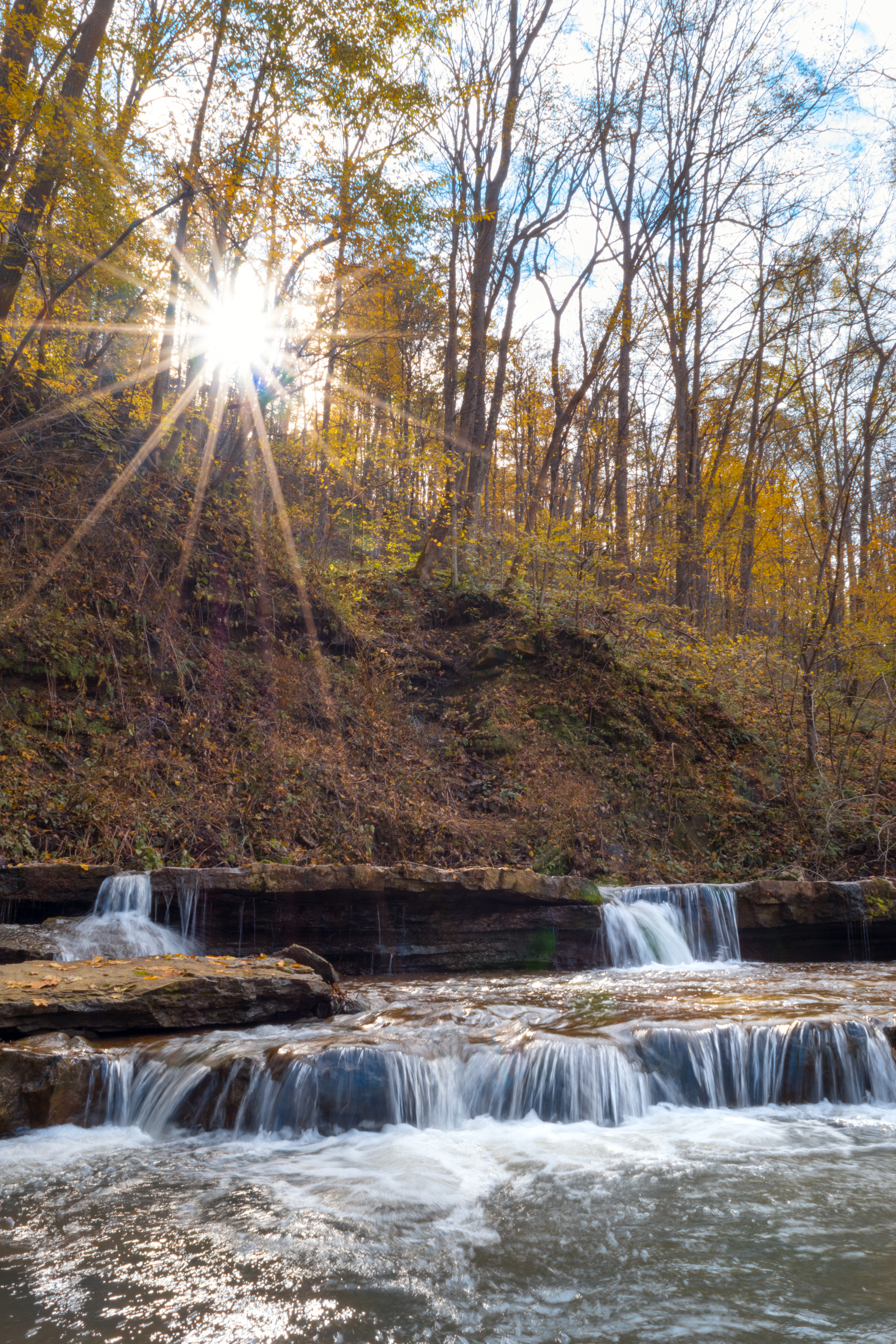 A view of Mill Creek Falls with the sun peeking through in Wayne National Forest.