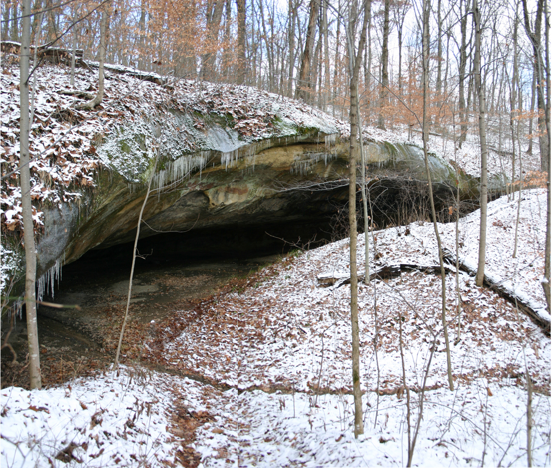 A snowy Tinker's Cave in Wayne National Forest.