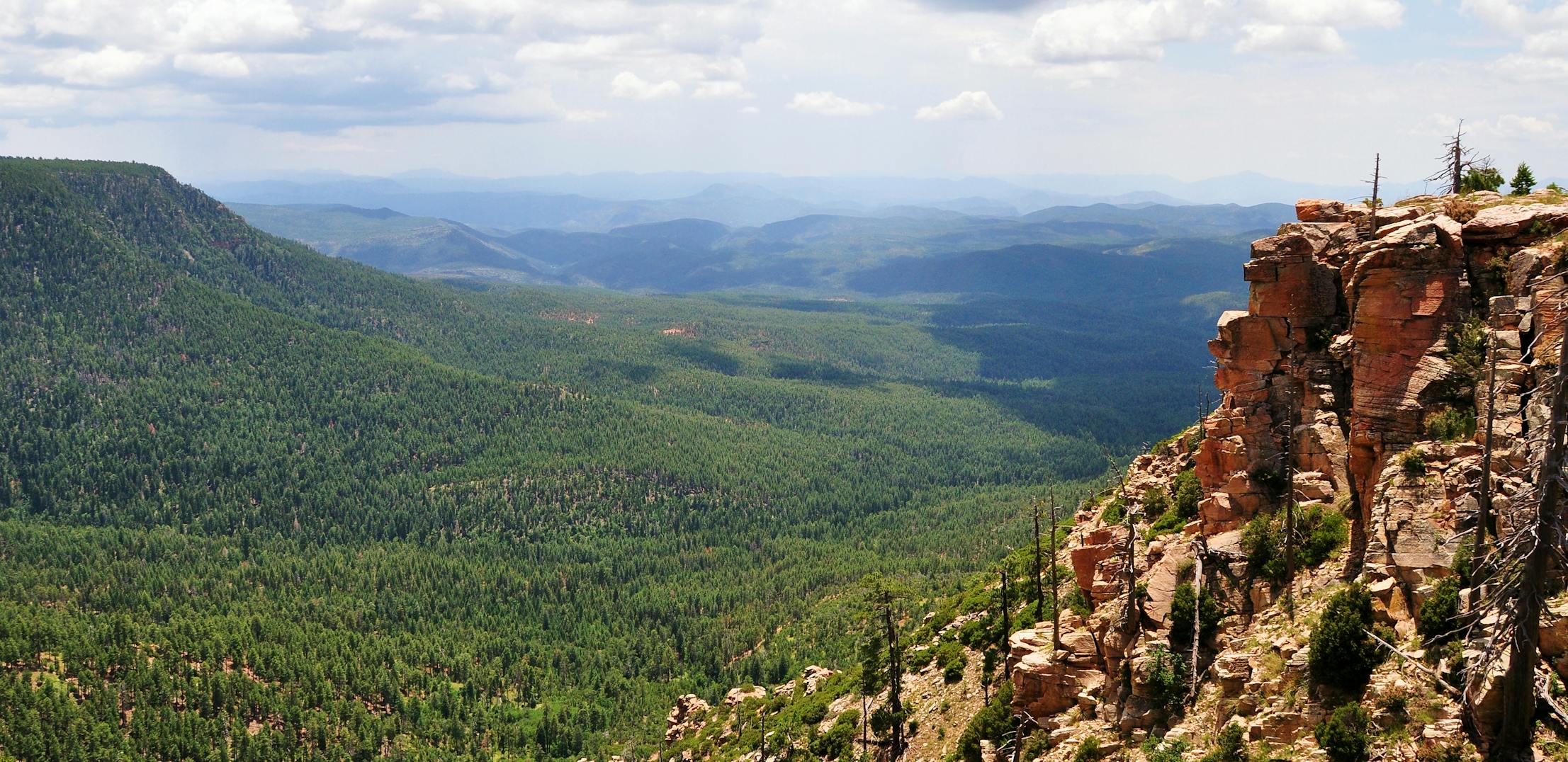 A rocky mountaintop overlooks a green valley in Apache-Sitgreaves National Forest.