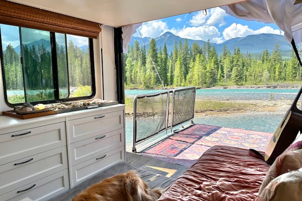 The Lahr's Heartland Torque toy hauler at a scenic boondocking site.