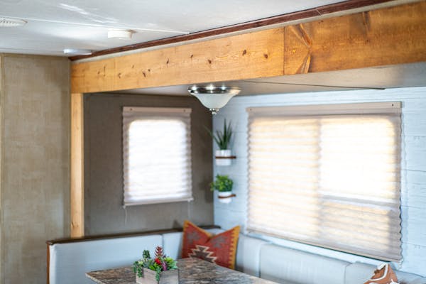 The slide-out of Renee Tilby's Jayco Jay Flight with decor.
