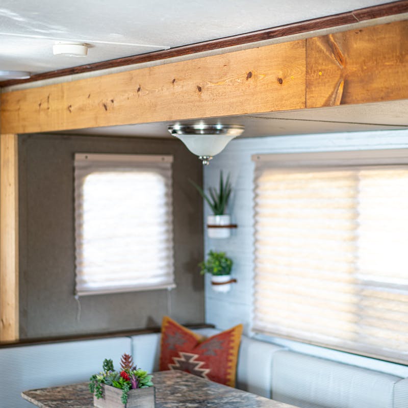 The slide-out of Renee Tilby's Jayco Jay Flight with decor.