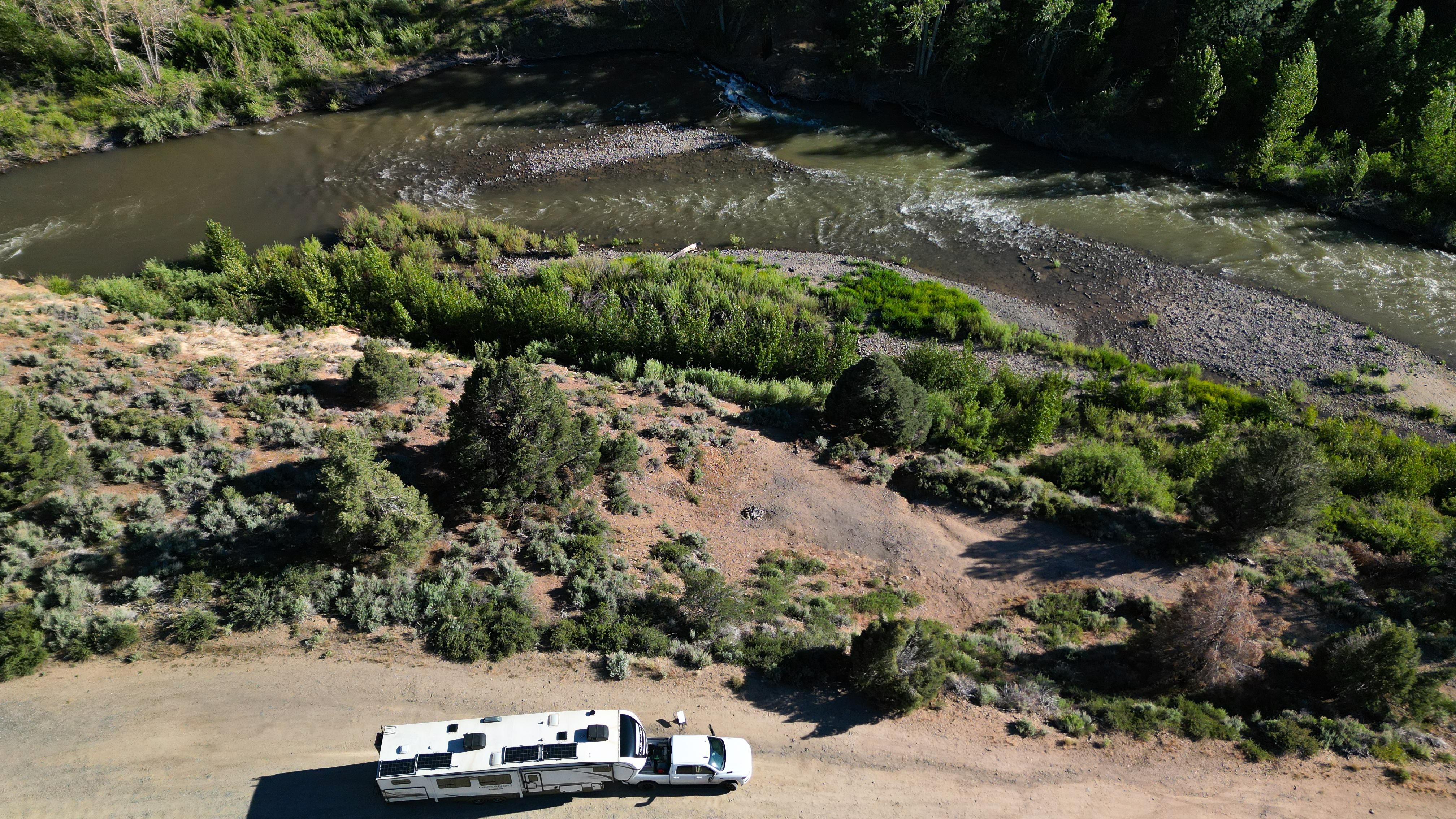 Sherise Gumbs's KZ Durango Half-ton fifth wheel on a dirt road in Bridger-Teton National Forest.