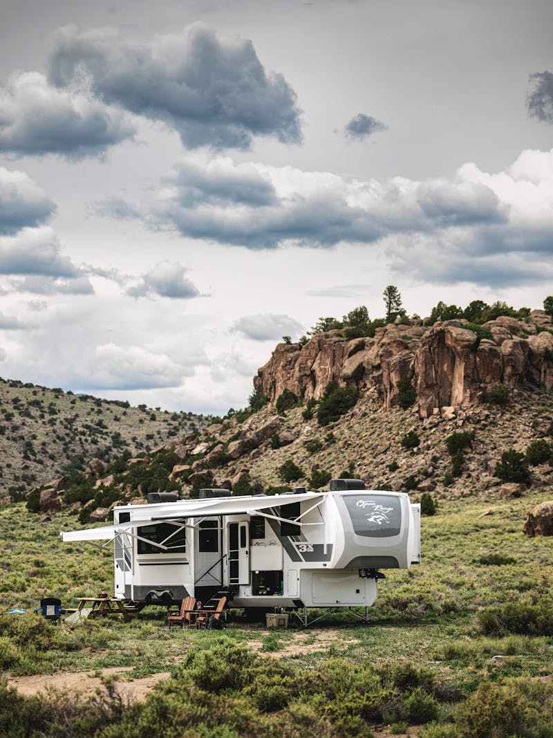 A Highland Ridge Open Range fifth wheel boondocking in Elephant Rocks in Colorado.