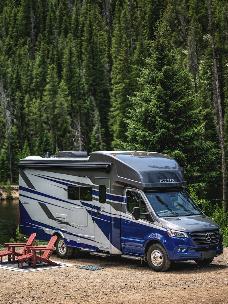 A Tiffin Wayfarer class C motorhome boondocking in Colorado.