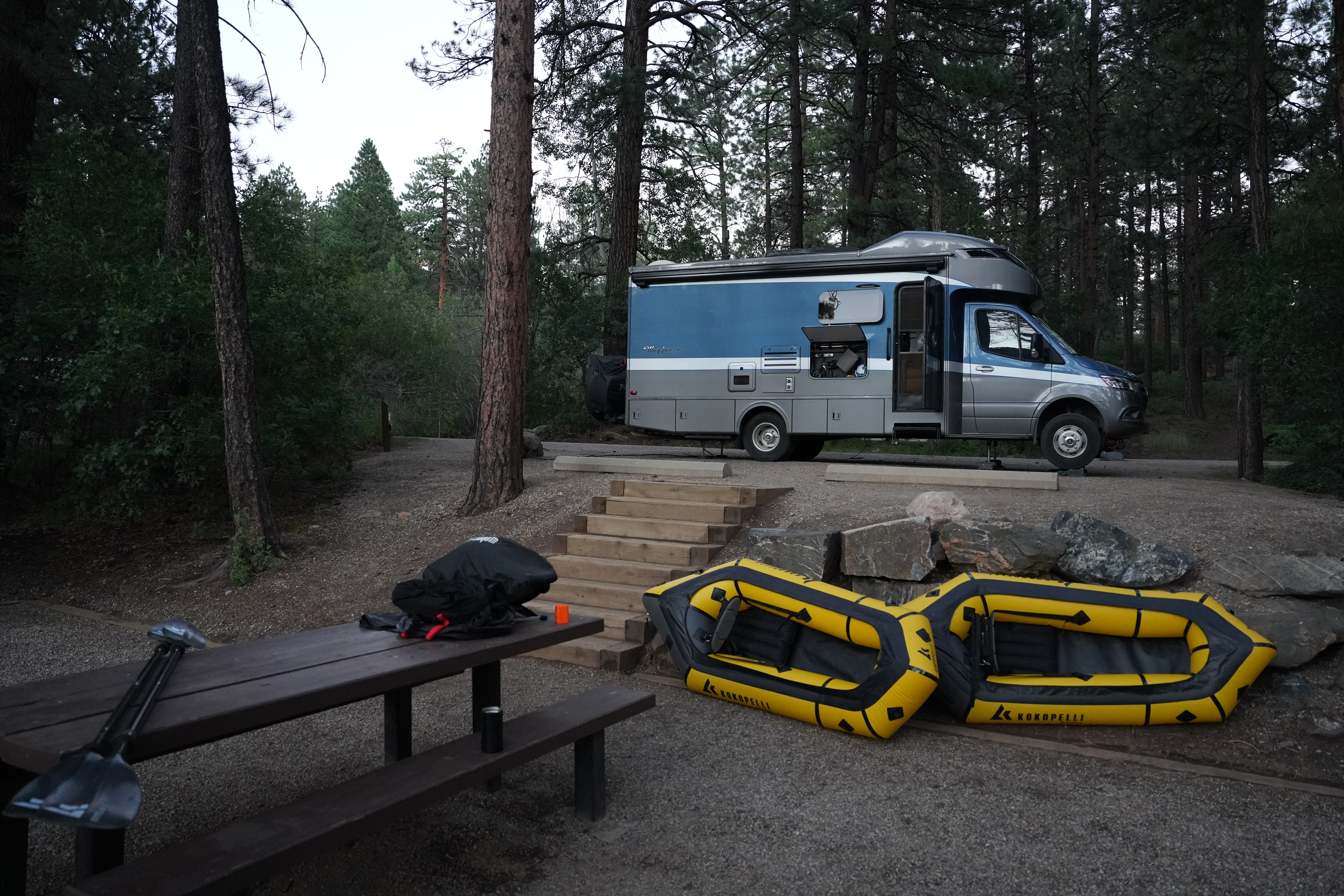 A view of Sarah and Dustin Bauer's campsite and Tiffin Wayfarer in San Juan National Forest.