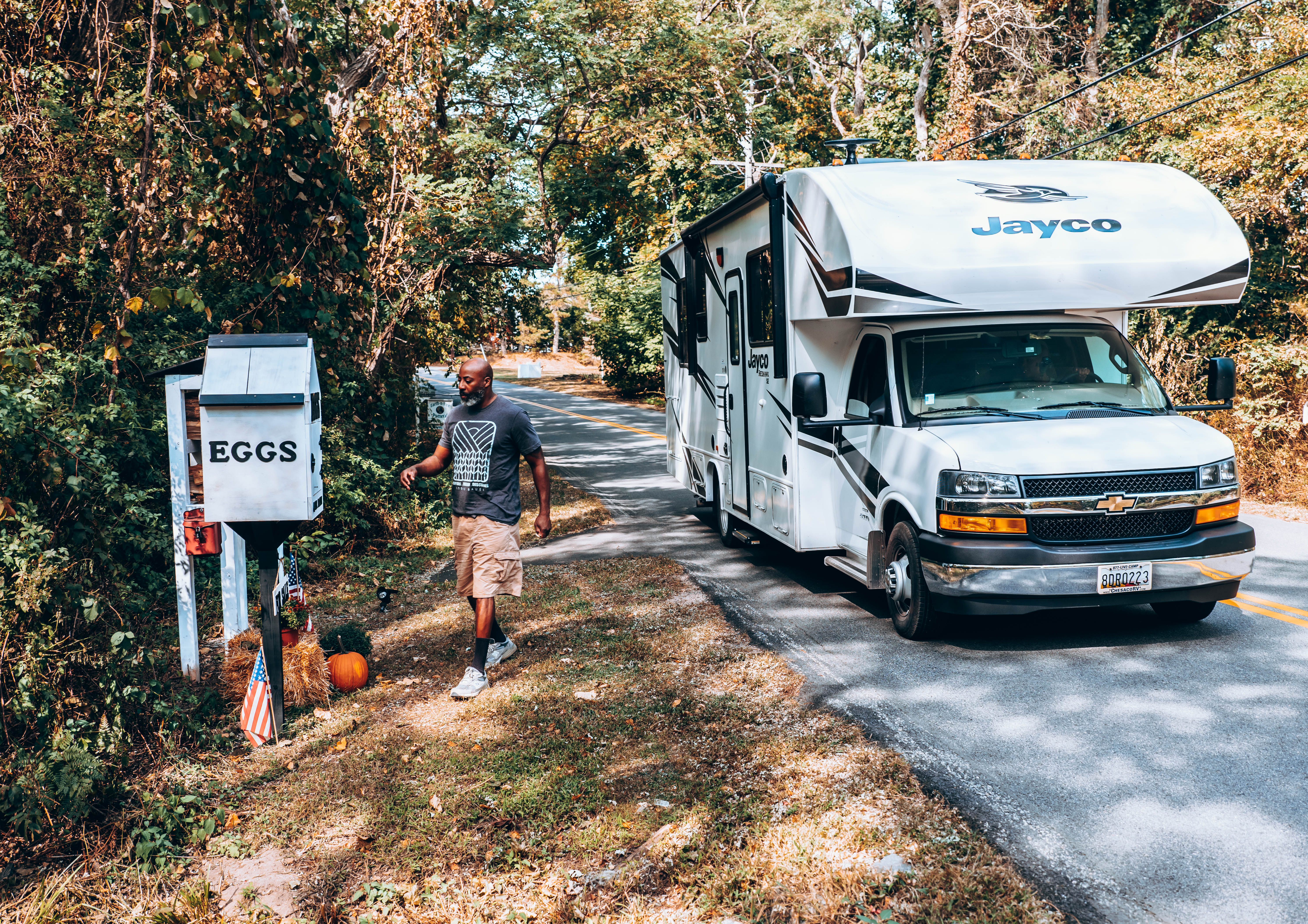 Ray Young (Sonya's fiance), hops out of their Jayco Redhawk to grab eggs from a local stand on the side of the road.