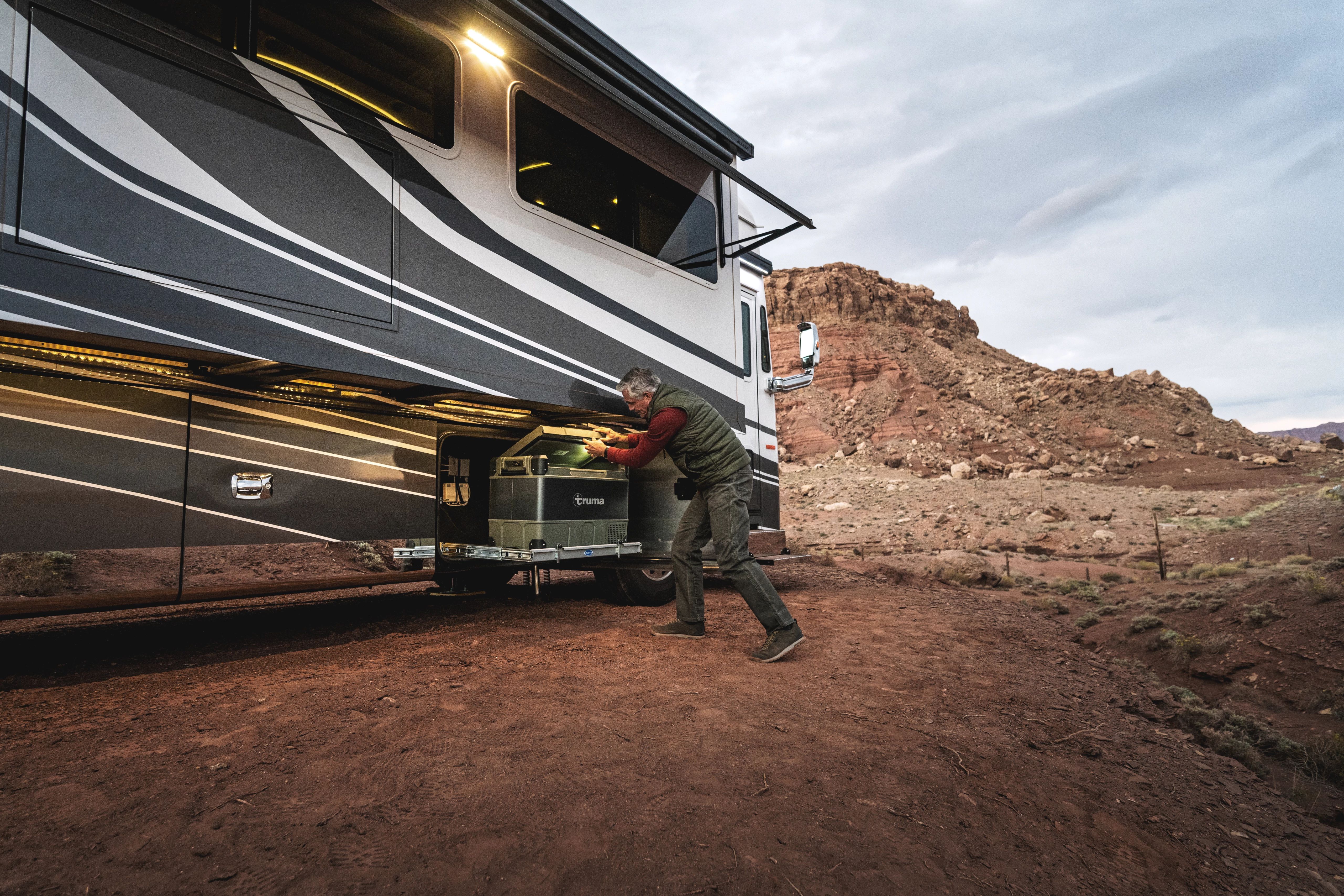 Tiffin Allegro Bus underbelly storage ice box