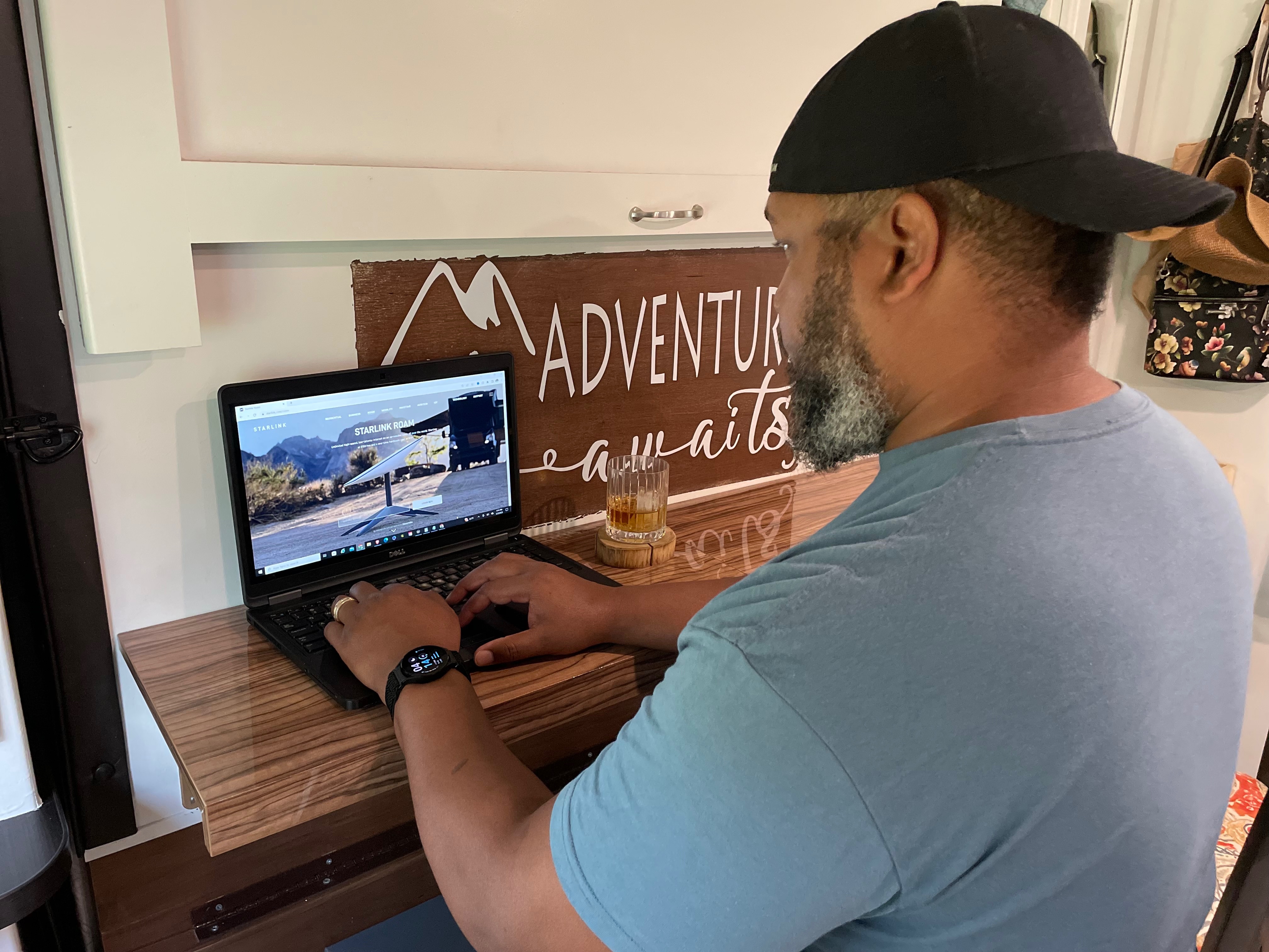 Bem McMillan looking up Starlink on the internet inside his RV