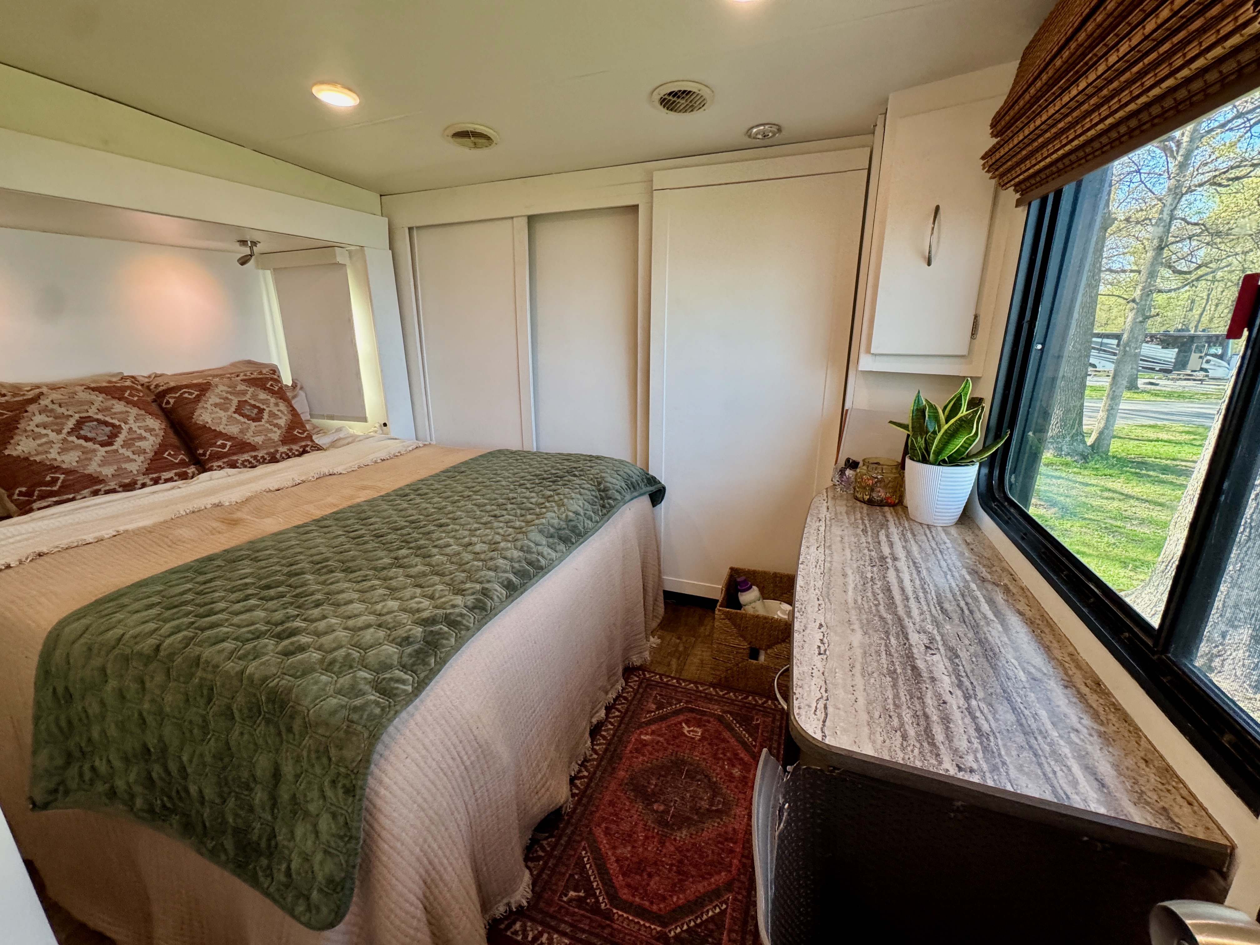 The primary bedroom inside Lucas and Melissa Lahr's Heartland Torque RV