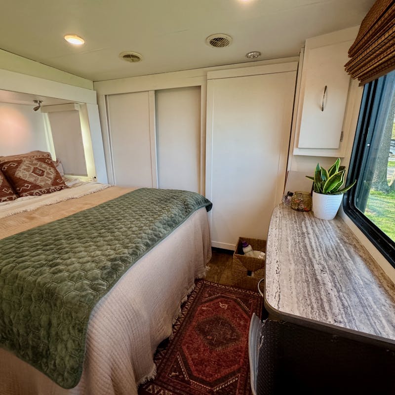 The primary bedroom inside Lucas and Melissa Lahr's Heartland Torque RV