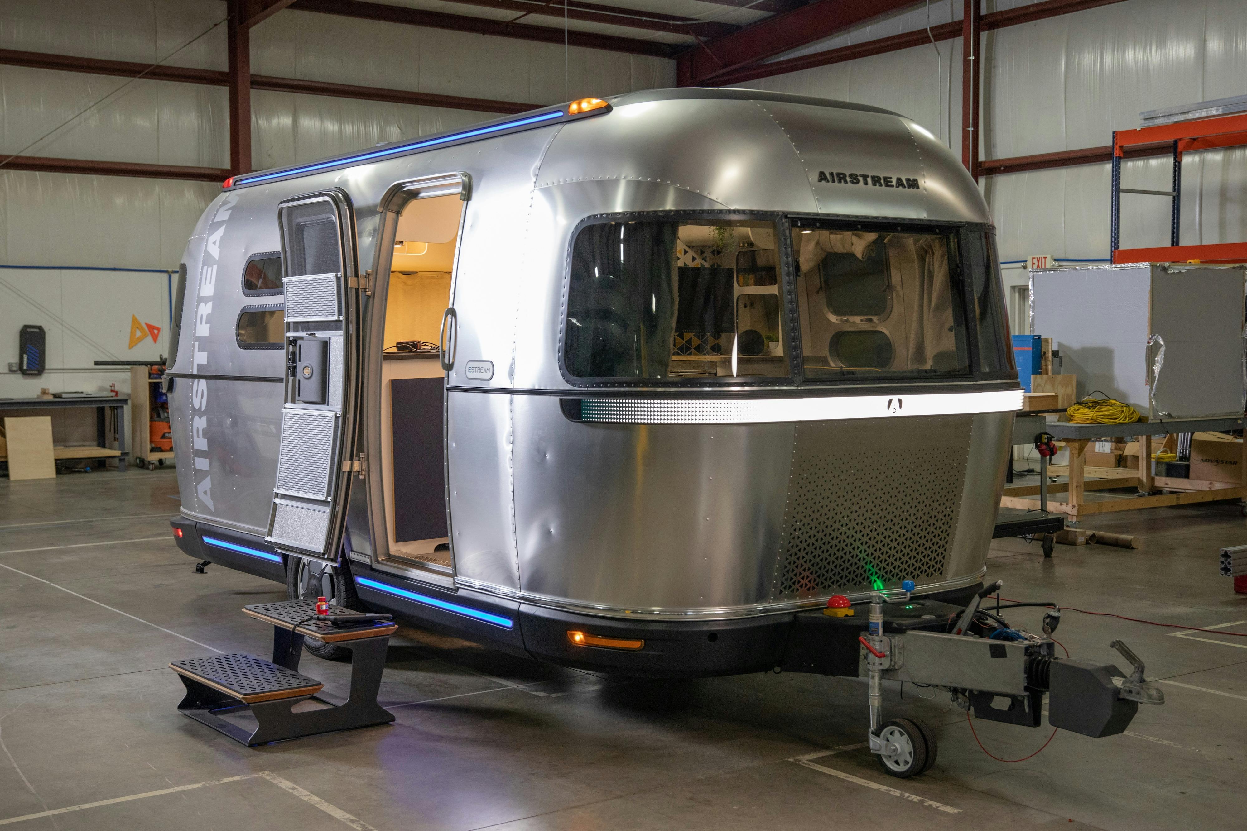 The Airstream eStream electric towable inside an innovatoin lab  