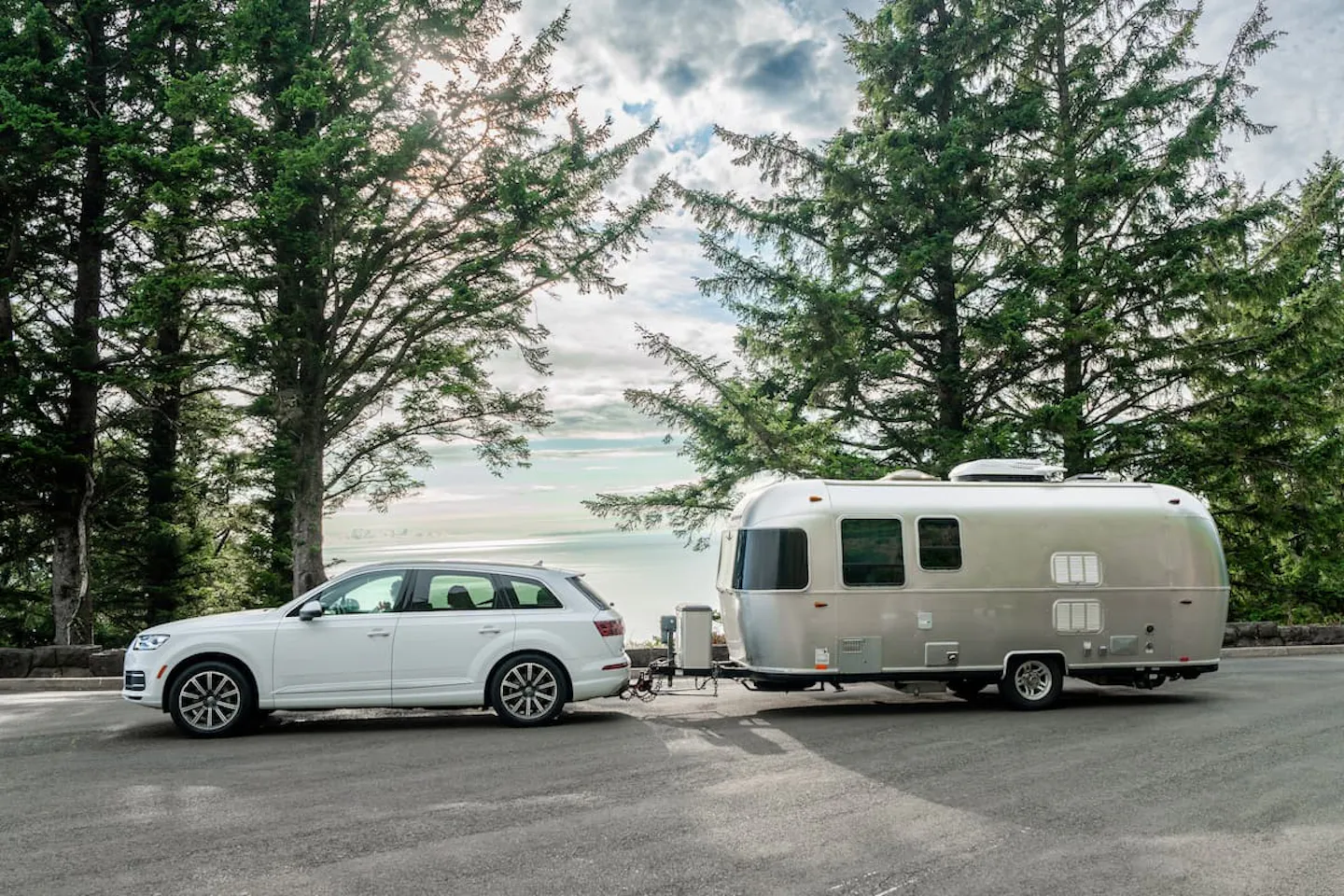 Kristen Dobie's Airstream travel trailer parked in front of the ocean on the Oregon Coast Highway.