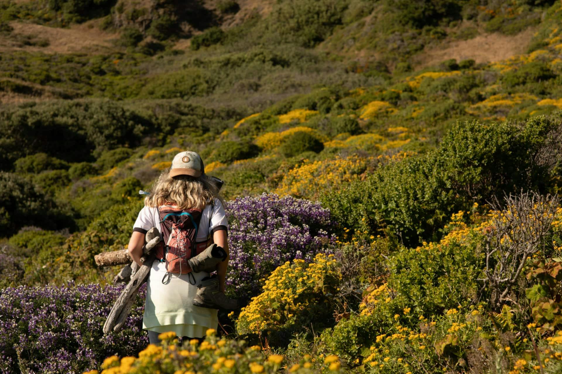 Karen Blue's daughter walking through a field of flowers.