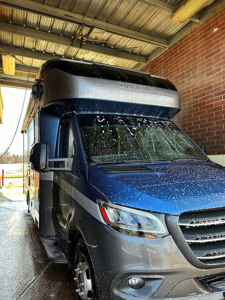Dustin and Sarah Bauer's RV covered in soapy water.