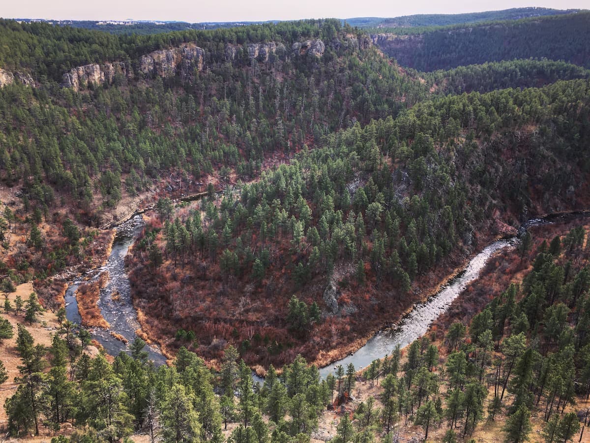 An aerial view of Falling Rock Overlook at Black Hills National Forest.