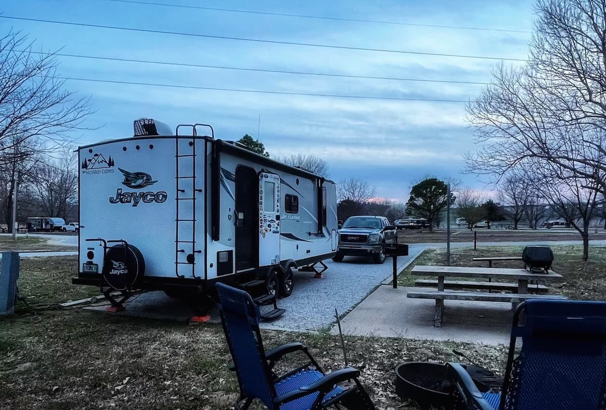 Ben and Christina McMillan's Jayco Jay Feather travel trailer at Bush Creek Campground near Black Wall Street.