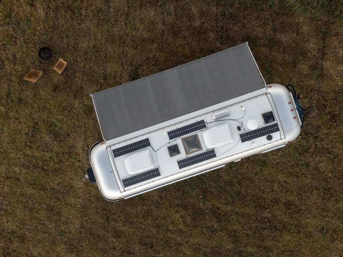 Solar panels on top of Karen Blue's Airstream.