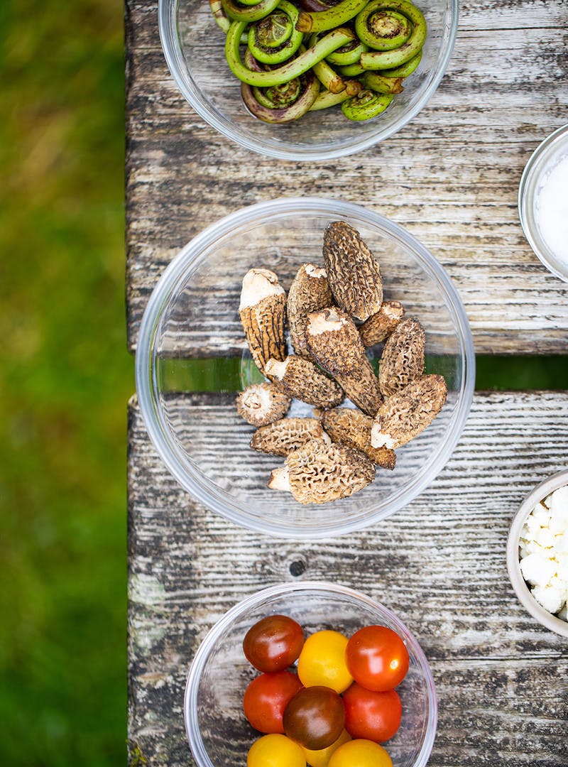 3 bowls in a row sitting on a picnic table, holding fiddle heads in one bowl, wild mushrooms in the second, and tomatoes in the third.