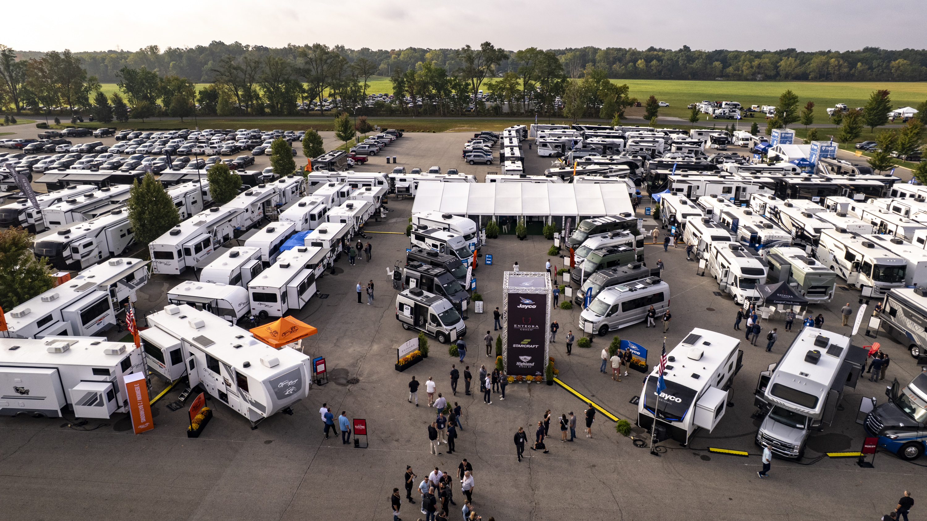 RVs lined up at an RV show