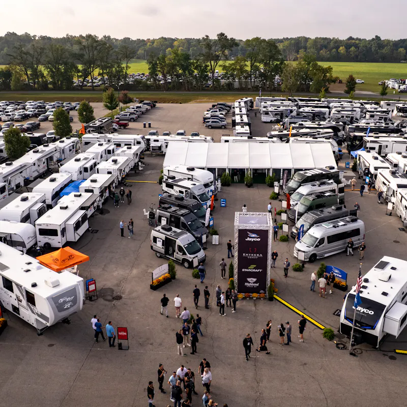 RVs lined up at an RV show
