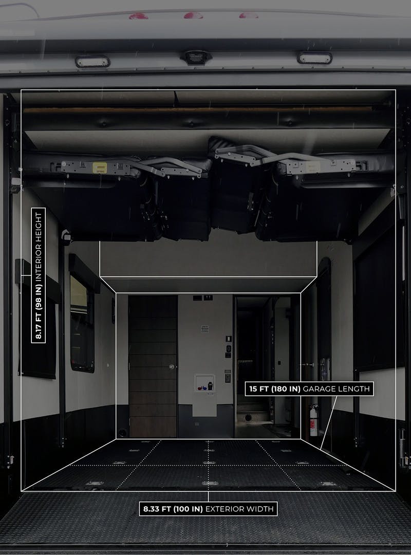A drawing highlighting the dimensions of the cargo area of a Highlander Toy Hauler RV.