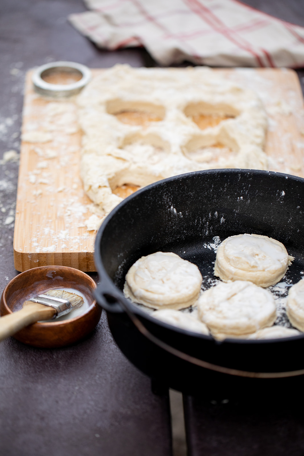 Biscuits ready to bake in a dutch oven. 