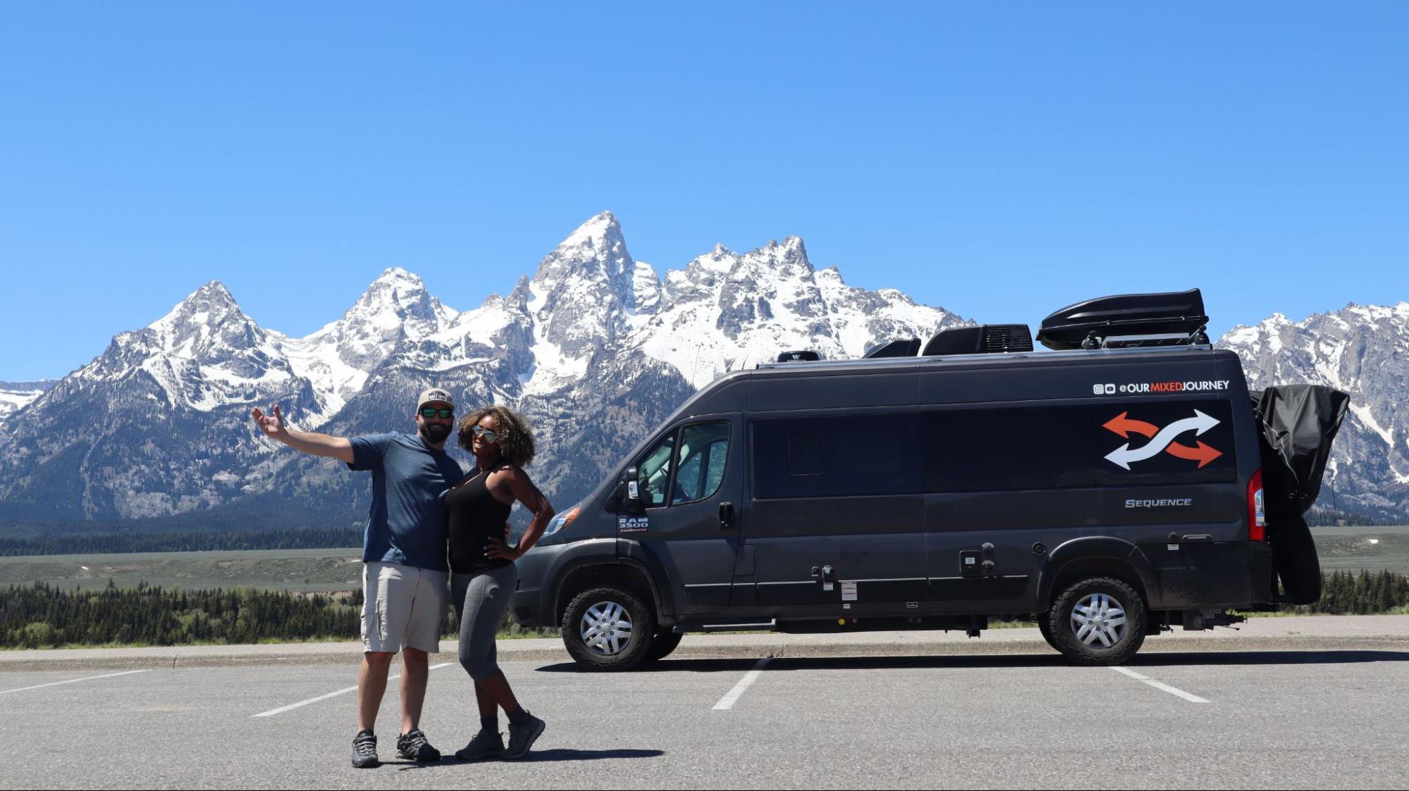 Gabe cooking breakfast inside their Class B RV.