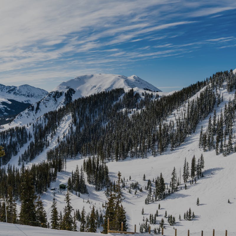 Looking out next to a wooden pole onto blue skies and snowy mountain range covered in trees