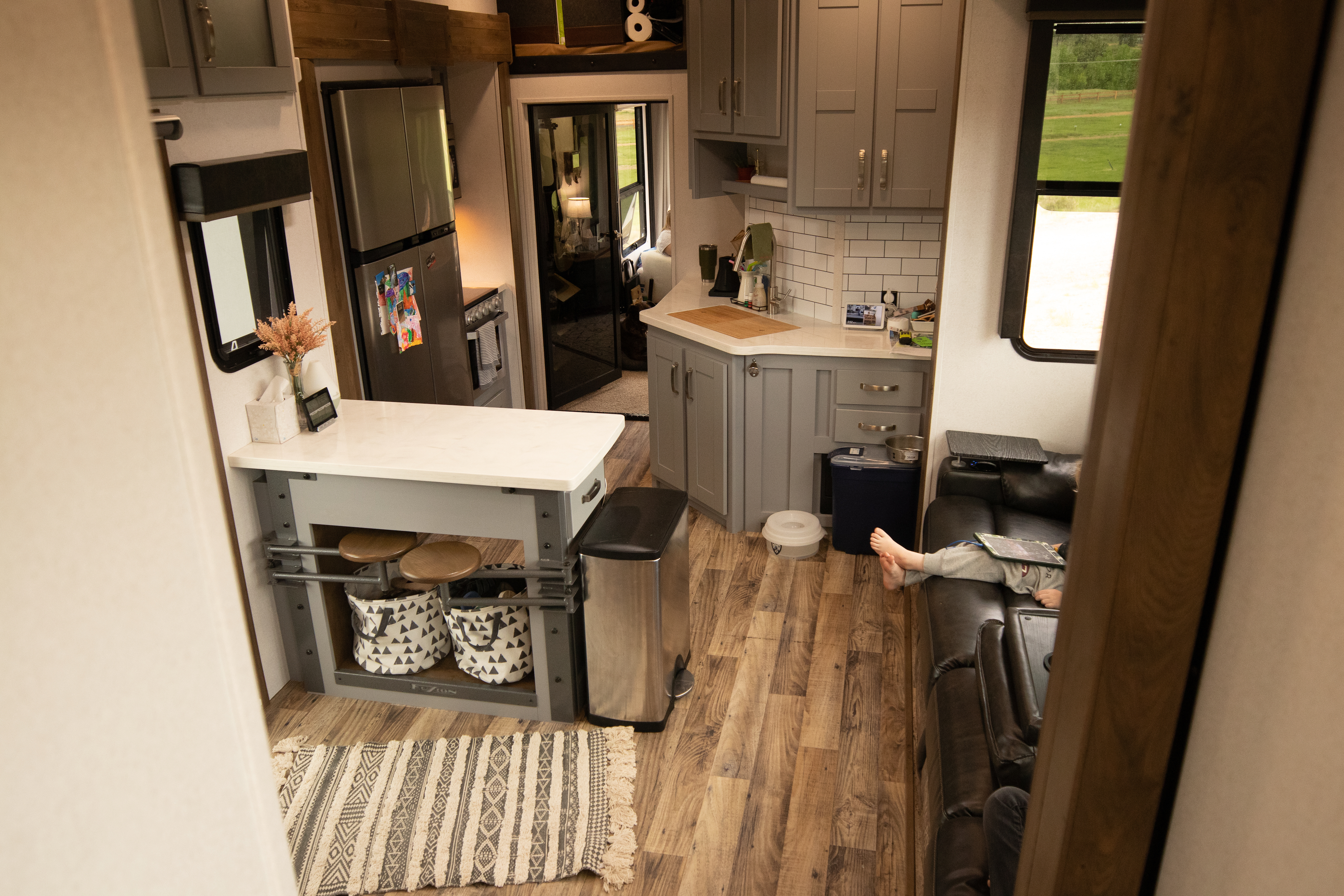 The Murphy's living room and kitchen inside their Keystone Fuzion