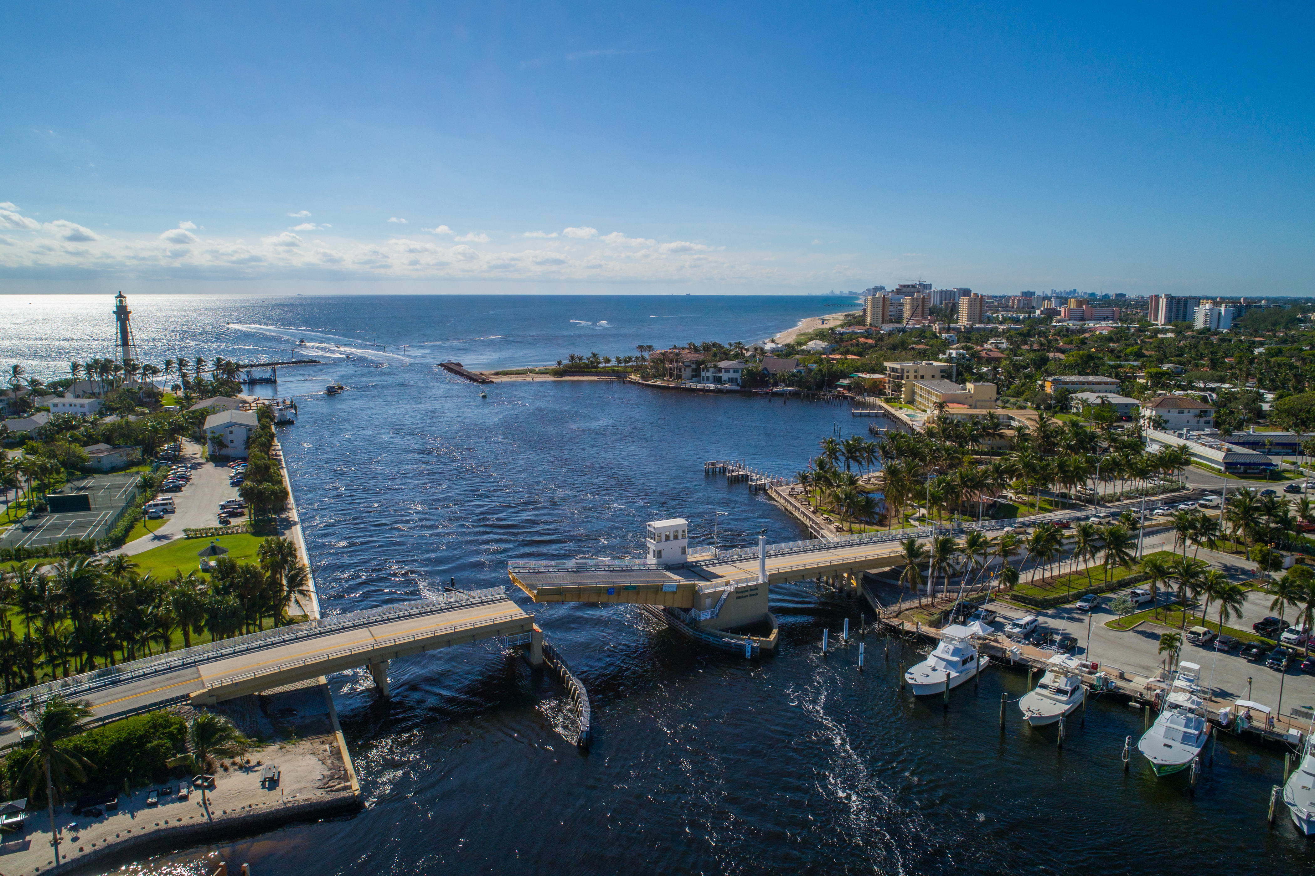 Aerial view of coastal waterways and bridges in Florida near Pompano Beach