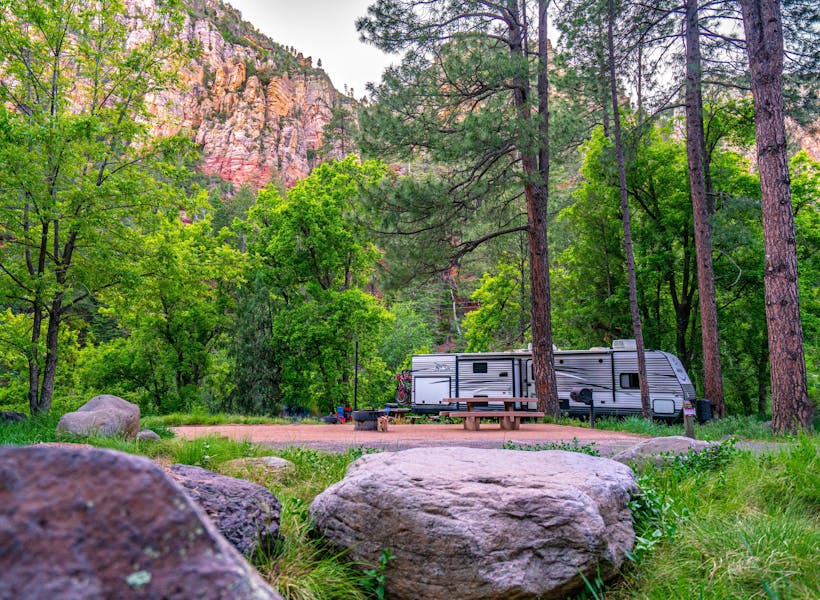 Renee Tilby's Jayco travel trailer at a campsite in coconino national forest