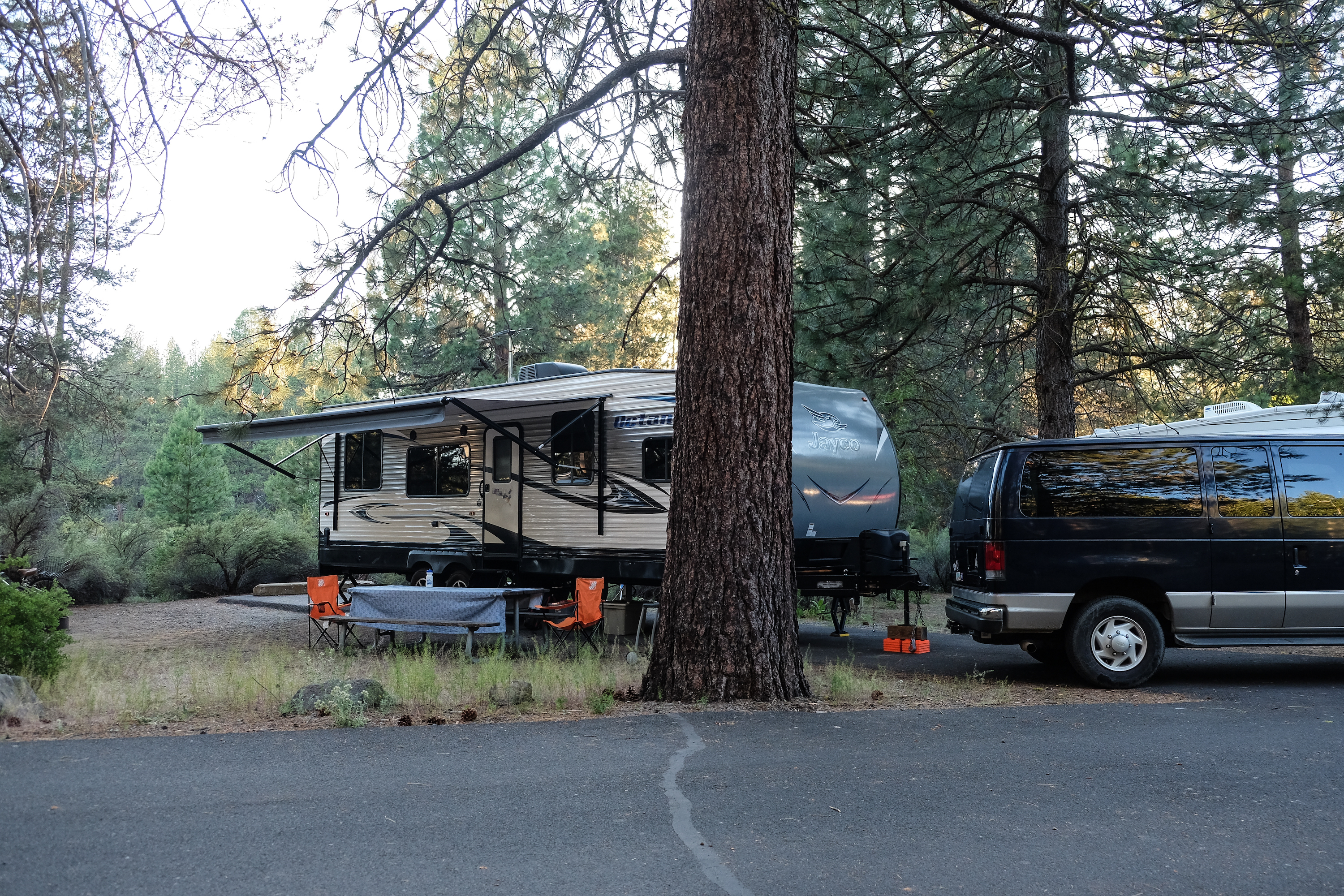 Gretchen Holcomb's Jayco Octane toy hauler parked in a wooded campsite.