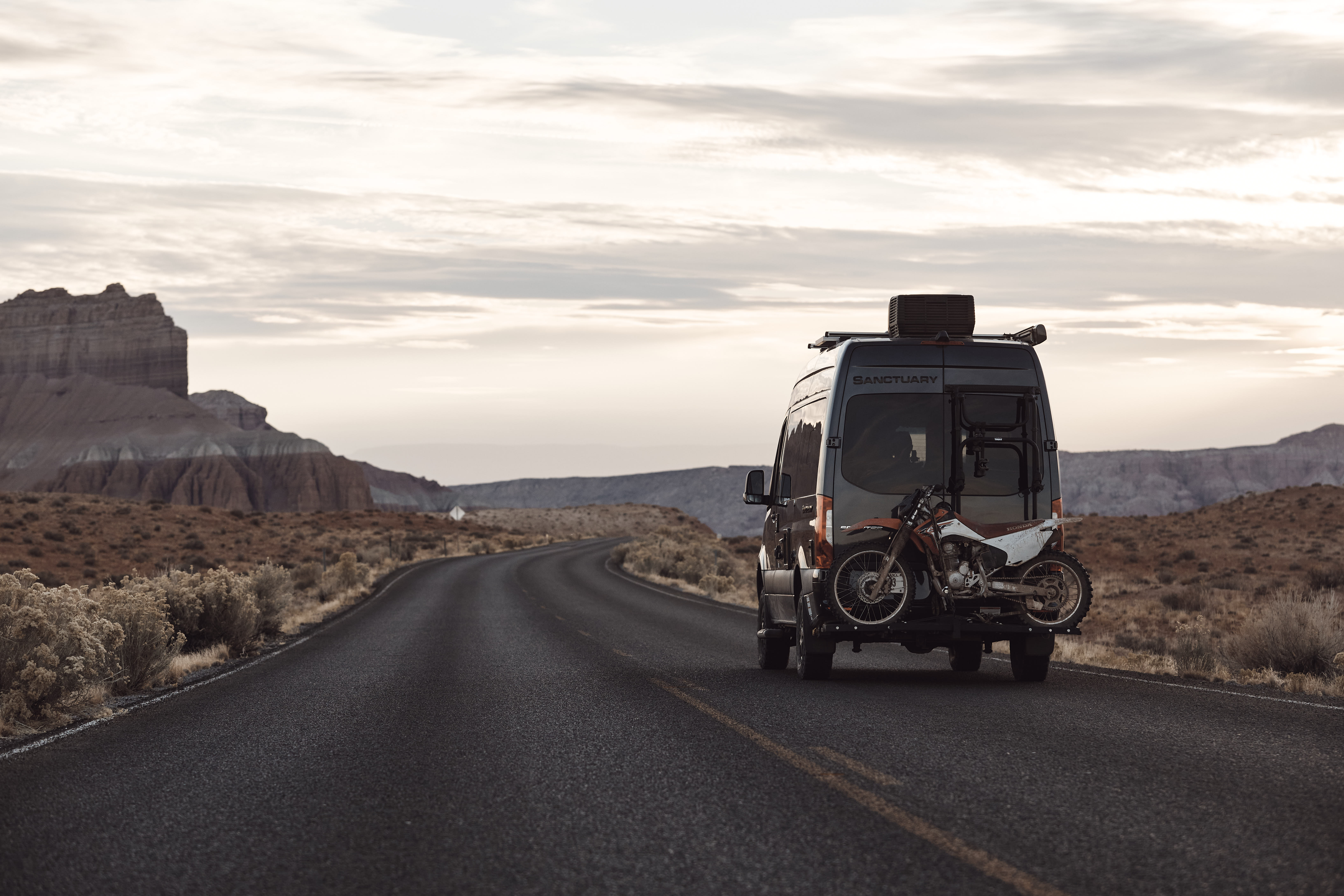 Kalen Thorien driving a thor motor coach sequence on a road through the Utah desert