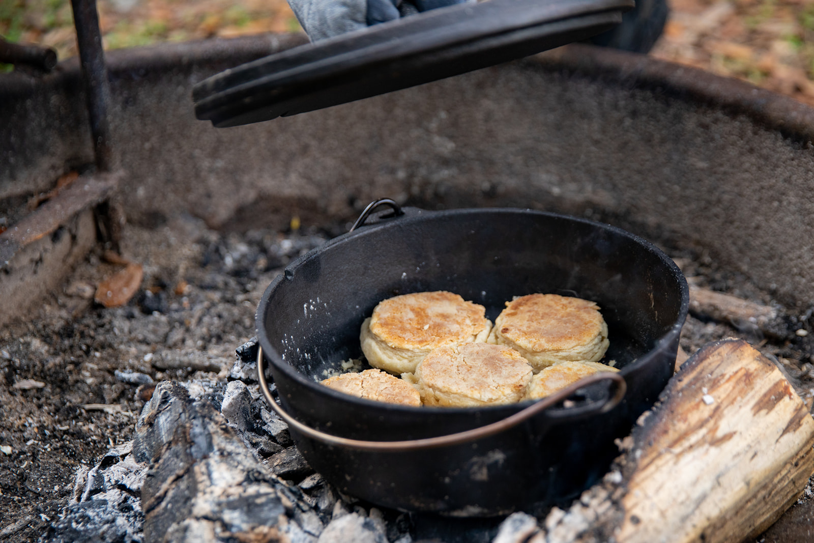 Biscuits in a dutch oven cooking over coals and getting toasty and golden brown. 