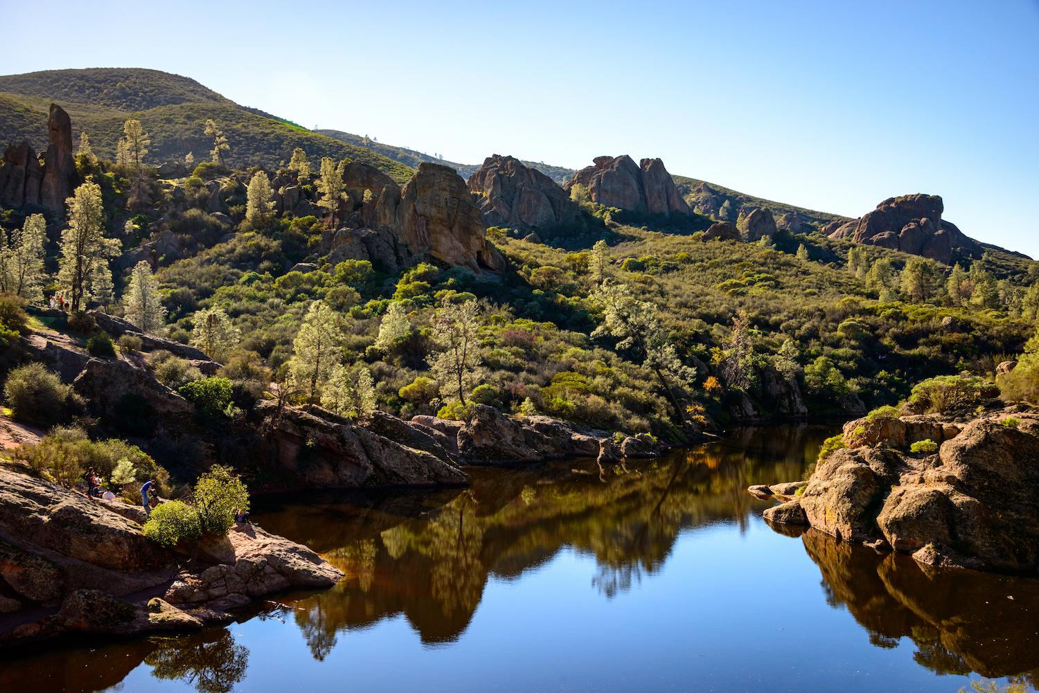 A river running through a lush green and rocky landscape.