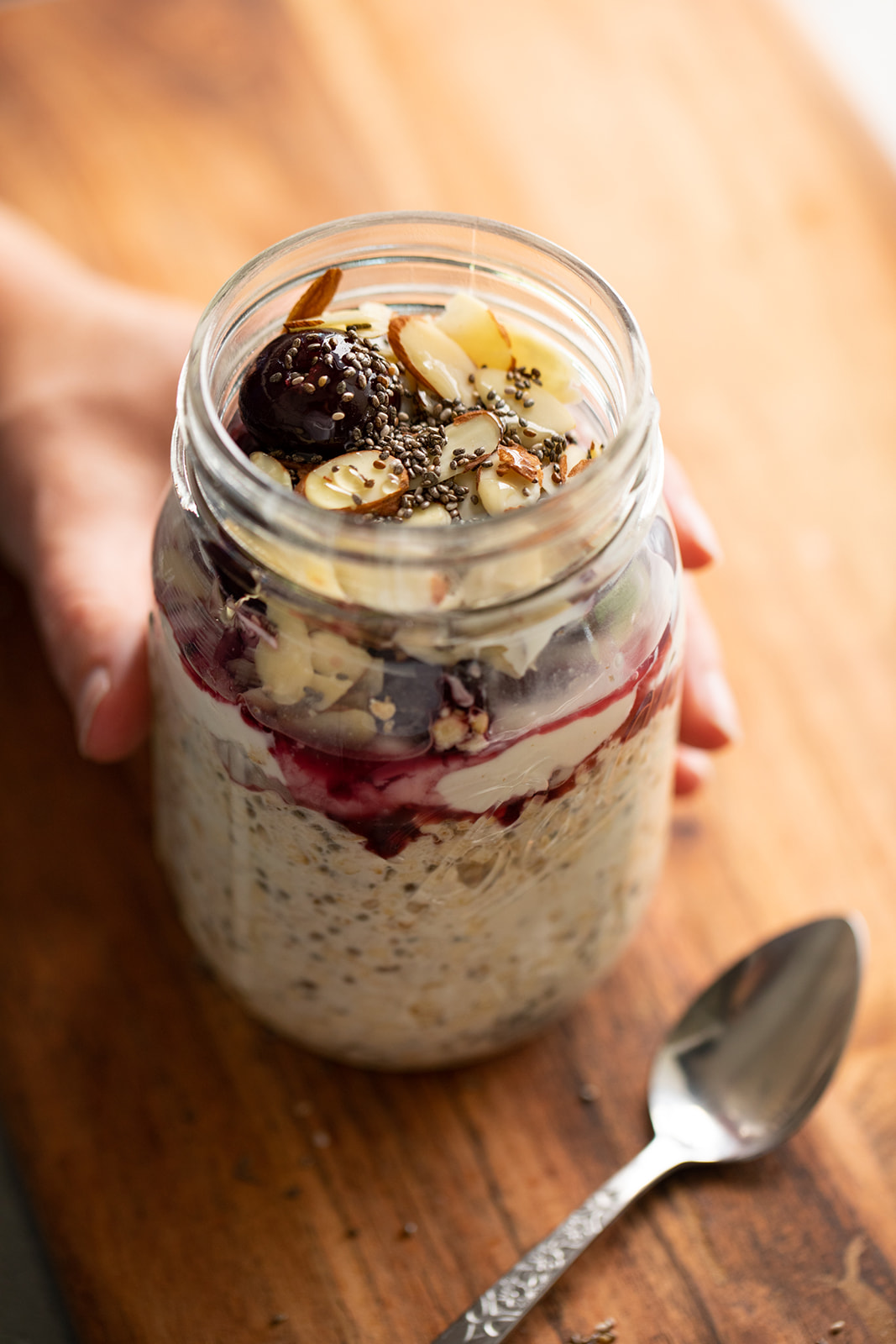 A jar full of overnight oats. 