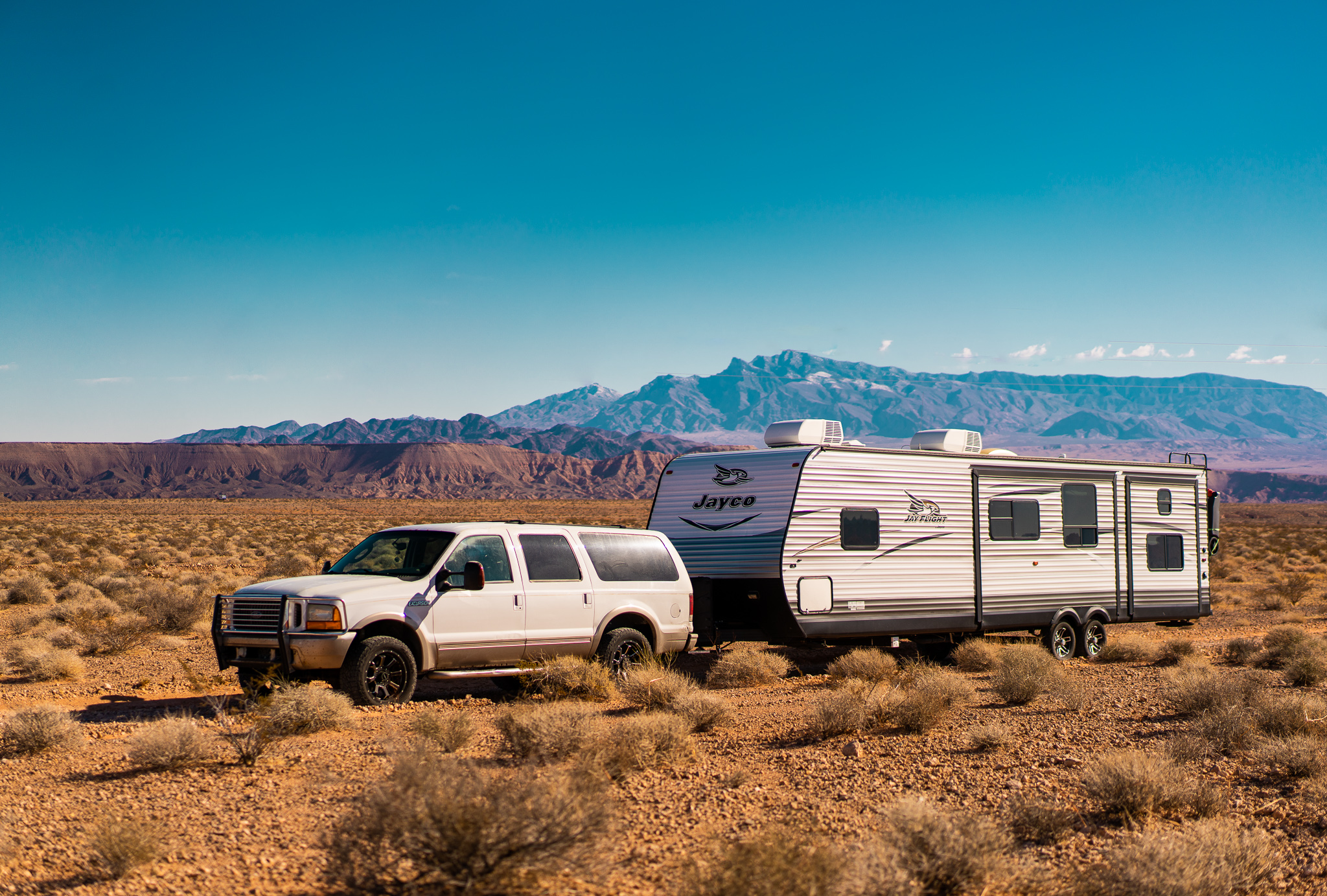 Renee Tilby's Jayco travel trailer driving through the desert