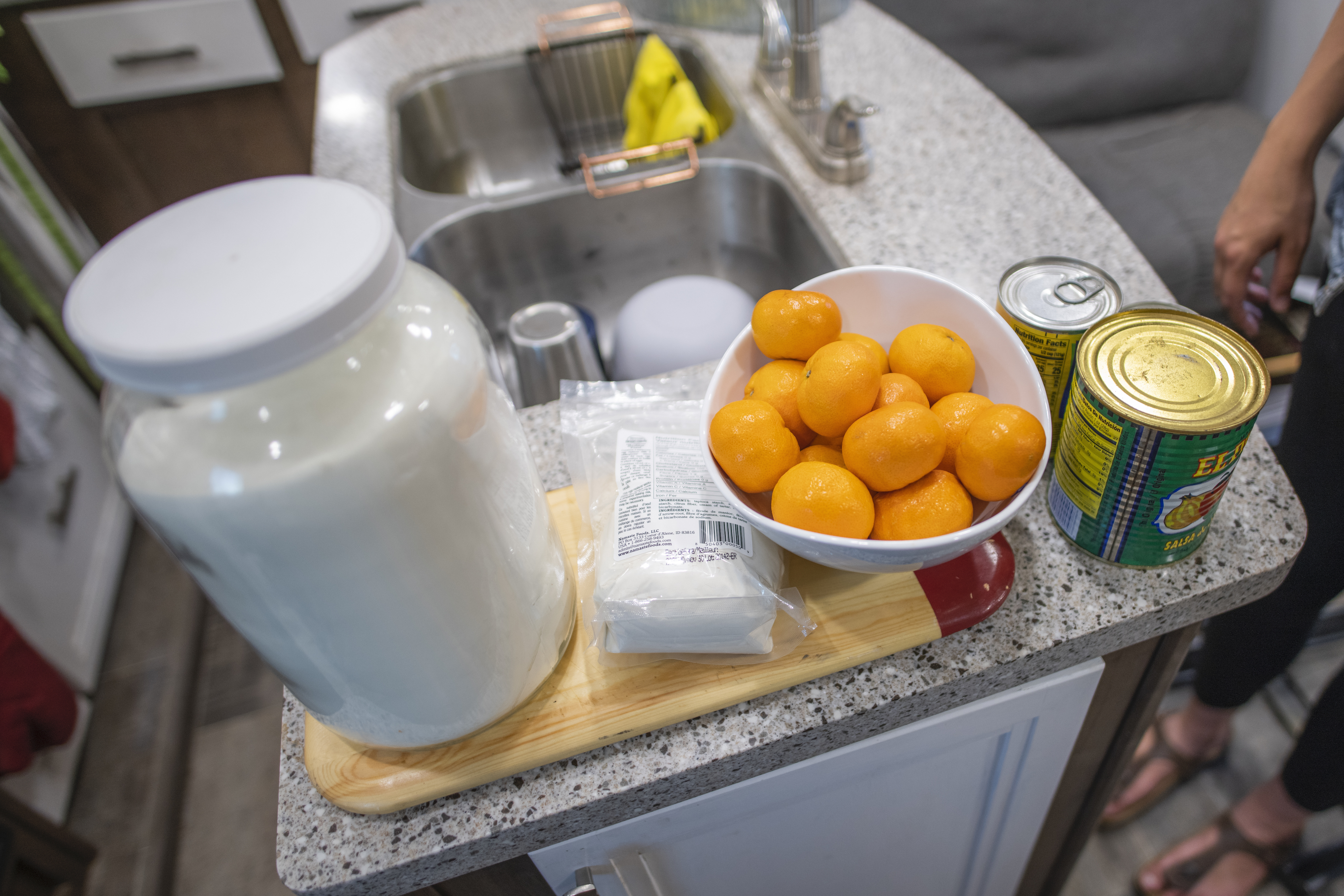 Food laid out on the counter inside the kitchen of Chelsea Day's Highland Ridge RV.