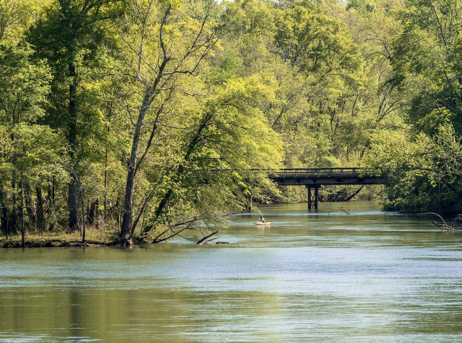 Fishing from yellow kayak on the Catawba