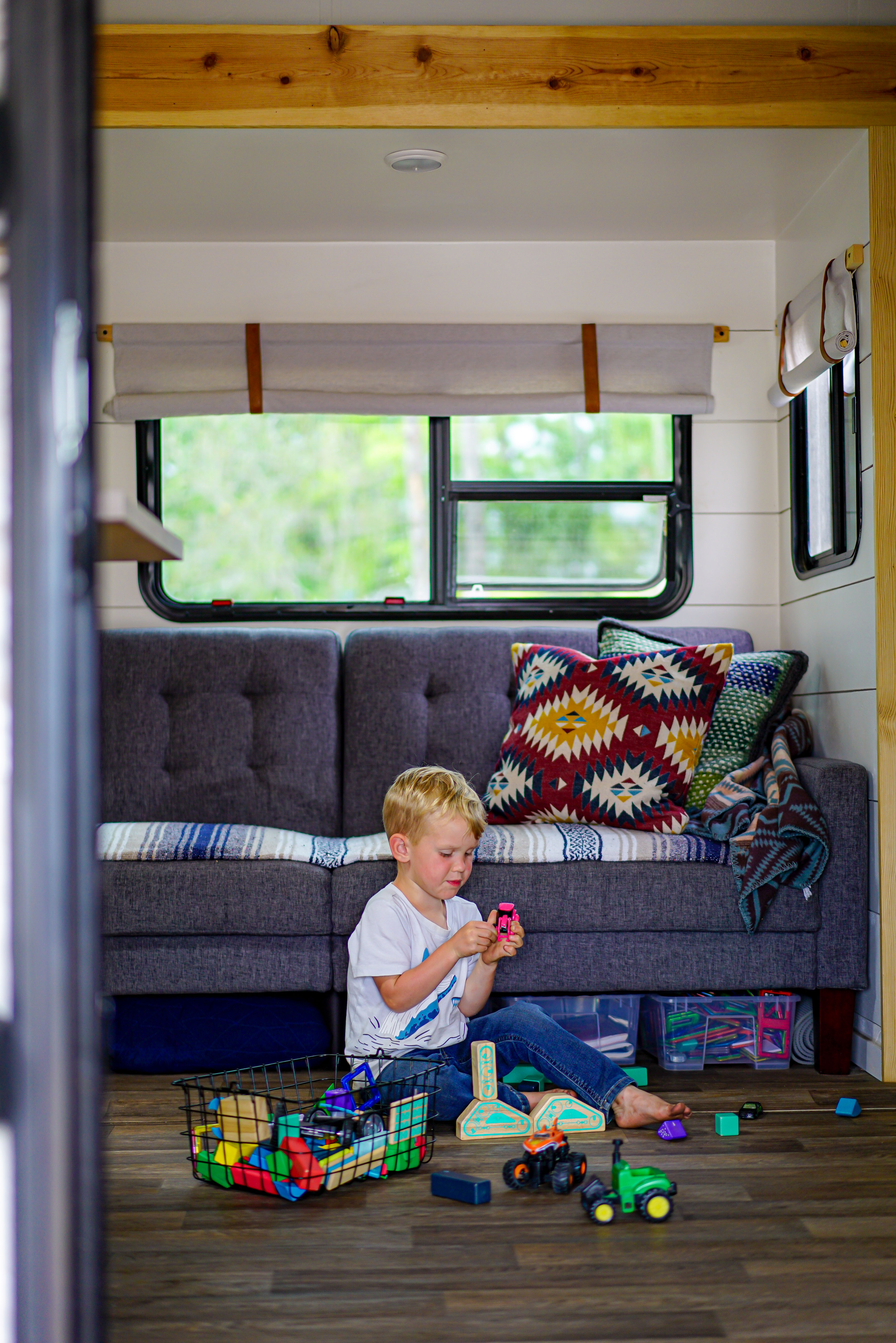 Renee Tilby family, Jayco Jay Flight Travel Trailer, child playing