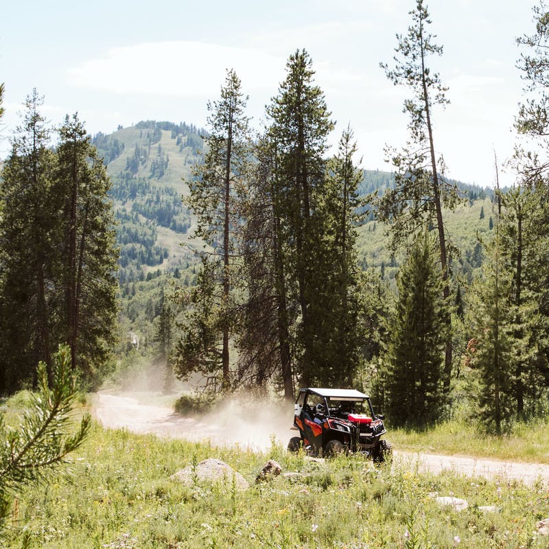ATV driving on path with mountains in the backdrop.