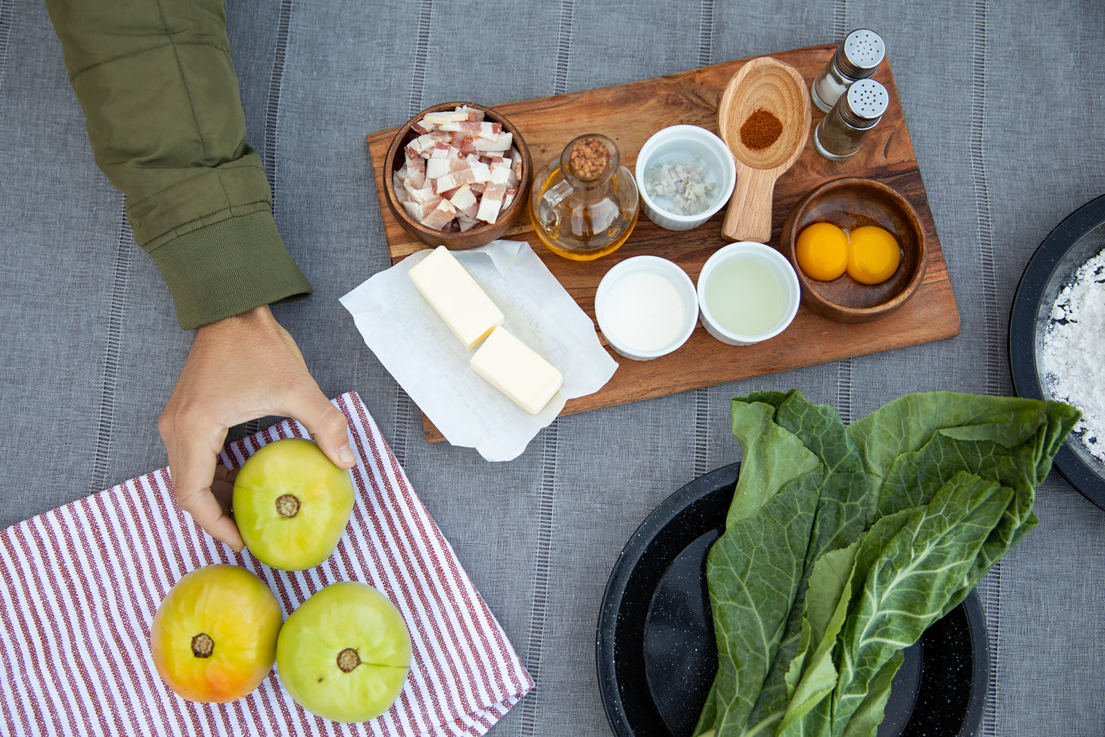 Ingredients to make fried green tomatoes benedict.